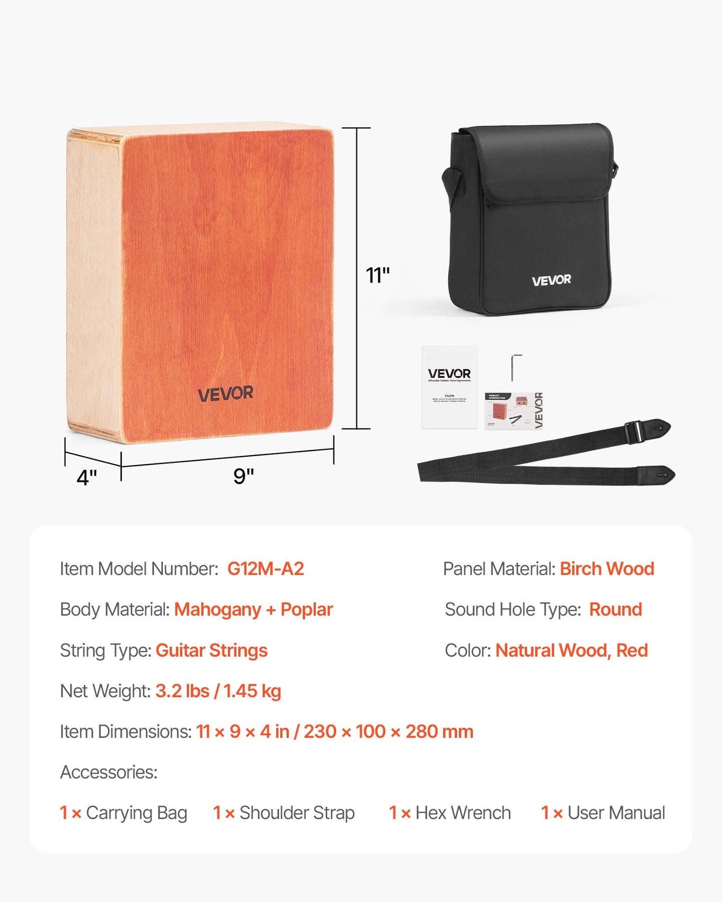 Cajon-trumma, med invändiga gitarrsträngar, lätt slagverkslåda i trä, bärbar trumma i björkträ med resväska, justerbar rem, för nybörjare och proffs, 230 x 100 x 280 mm