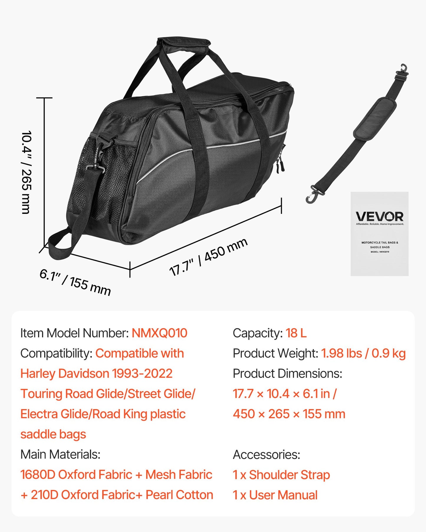 Motorcykel sadelväska, 18 l förvaringsinlägg för resebagage, kompatibel med Harley Davidson 1993-2022 Touring Road/Street Glide/Electra Glide/Road King sadelväska, svart