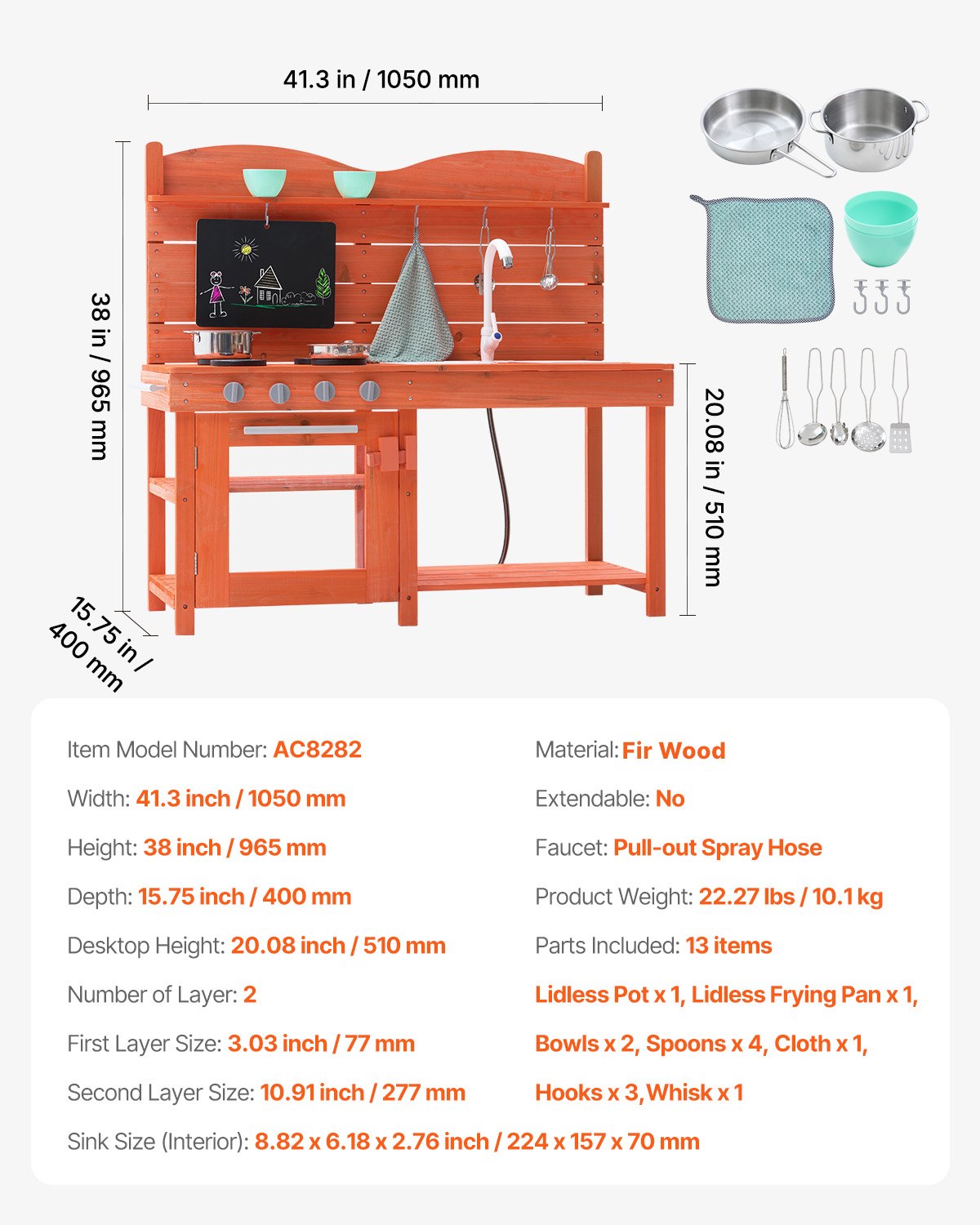 Lerkök för barn, träleksaksset, utomhusleksak för småbarn, mataffär för pojkar och flickor, låtsaslekkök med spisar, handfat, kran, svarta tavlan, kokkärl, kastruller, tillbehör