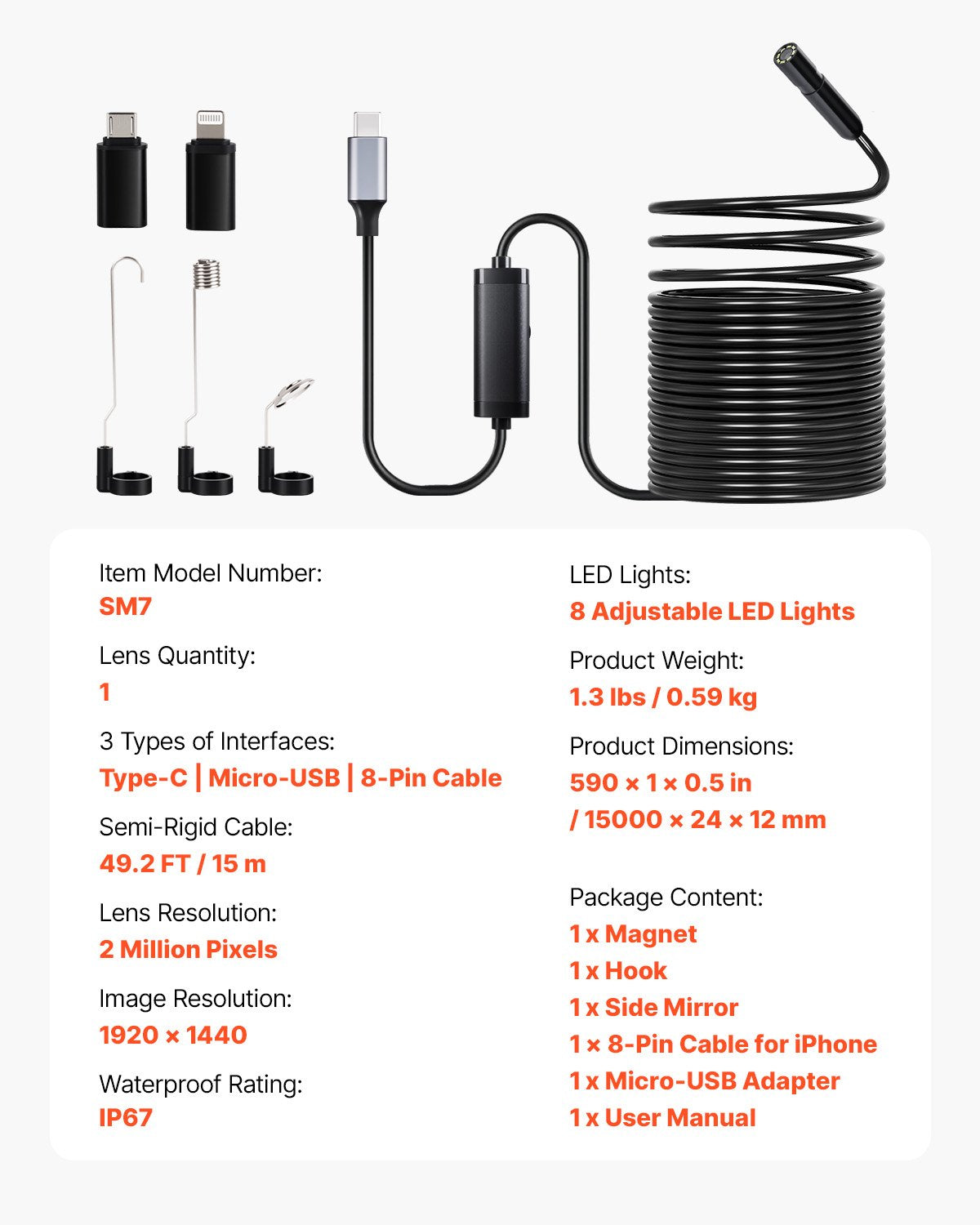 Endoskopkamera med 15m halvstyv kabel, 1920P HD-boroskop för Android och iOS, industriell inspektionskamera med ljus - 8 LED-lampor, 2X zoom, IP67 vattentät ormkamera för bil, VVS