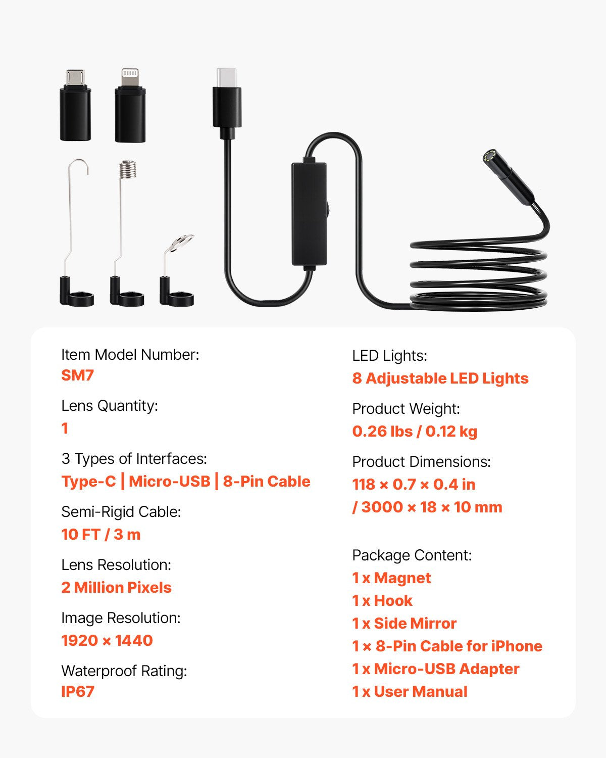 Endoskopkamera med ljus, 1920P HD-boroskop för Android och iOS, inspektionskamera med 8 LED-lampor och 3 m halvstyv kabel, 2X zoom, IP67 vattentäta ormkameror för bil, VVS