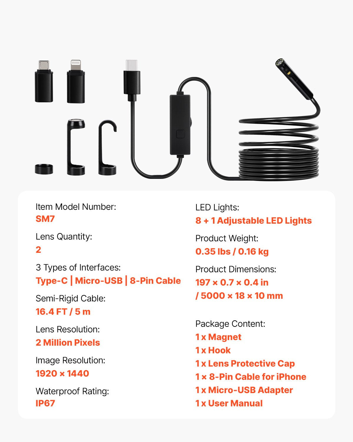 Endoskopkamera med ljus, boroskop med dubbla linser för Android och iOS, 1920P HD-inspektionskamera med 8 + 1 LED-lampa, 2X zoom, 5m ormkabel, IP67 vattentät ormkamera för bil, VVS