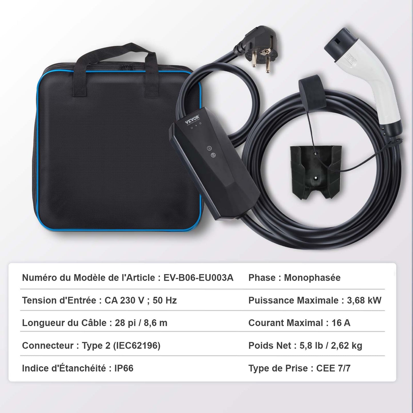 Bärbar elbilsladdare typ 2, 16A 3,7 kW, elbilsladdare med 8,6 m laddningskabel CEE 7/7-kontakt, IEC 62196 laddstation för elbilar med förvaringsväska och laddningskabelkrok, IP66