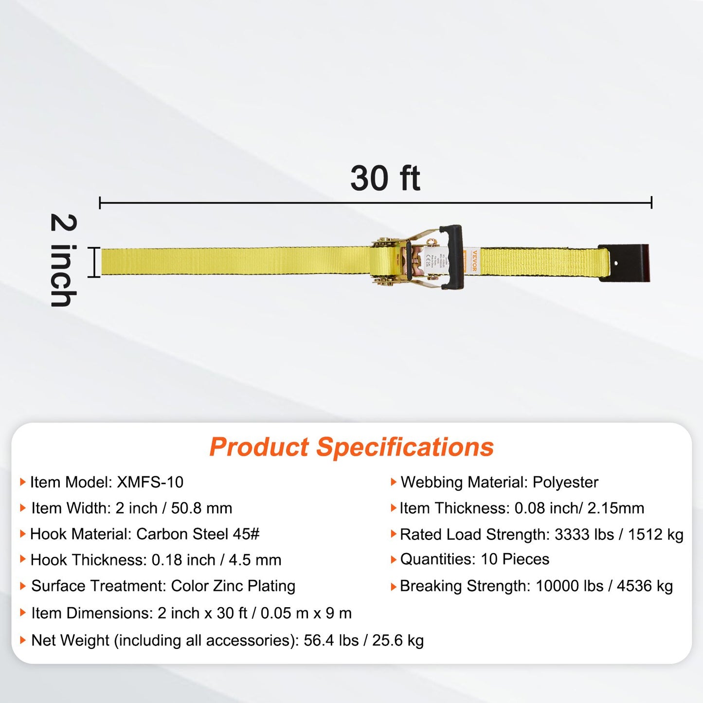 Spärrband (10-pack), 10000 lb brottstyrka, ändlös spärr med 10 premium 2" x 30' surrband, kraftiga, spårfjäderbeslag för förflyttning, säkring av last, apparater, motorcykel