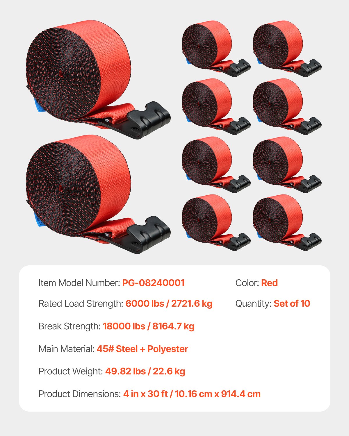 Vinschremmar, 4" x 30', 6000 lbs lastkapacitet, 18000 lbs brottstyrka, lastbilsremmar med platt krok, flakförankringar lastkontroll för släpvagnar, gårdar, räddningar, trädskydd, röd (10-pack)