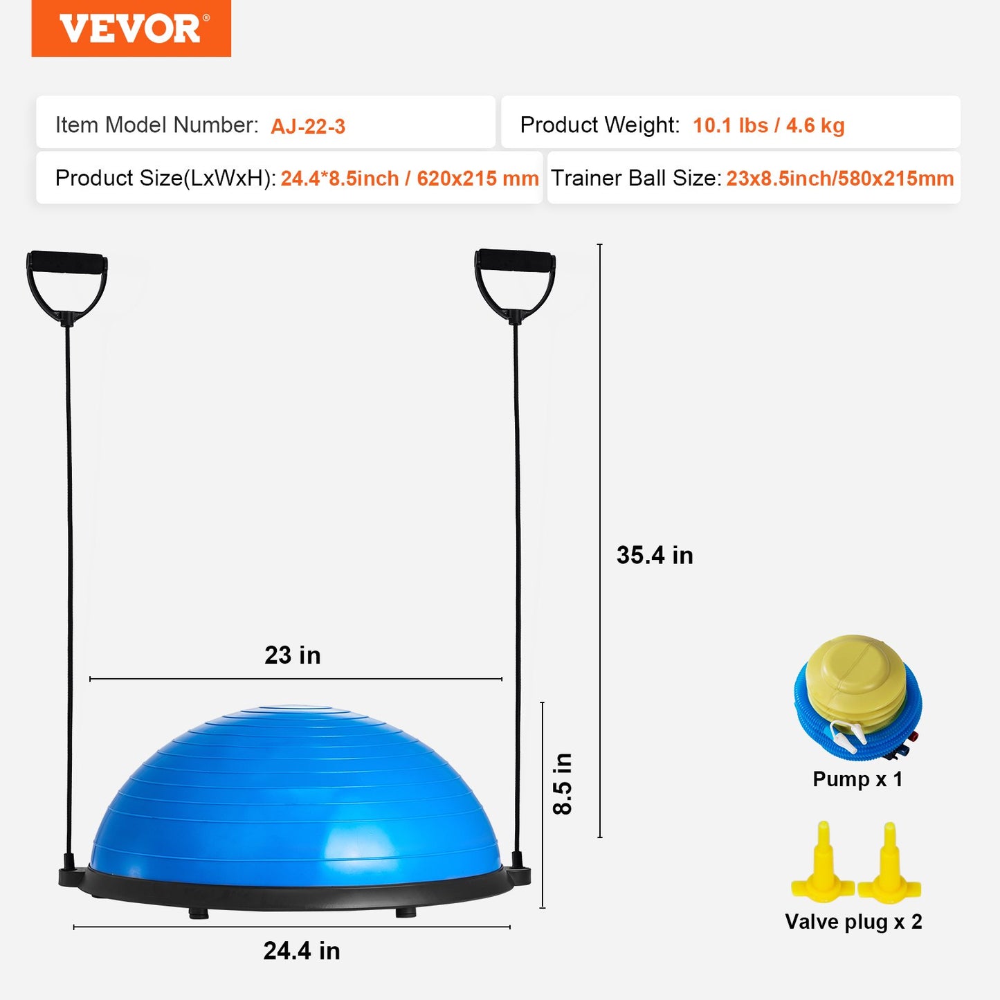 Halv träningsbolltränare, 23 tums balansbolltränare, 300 kg kapacitet, stabilitetsboll, yogaboll med motståndsband och fotpump, styrketräningsboll för hemmagym, helkroppsträning, blå