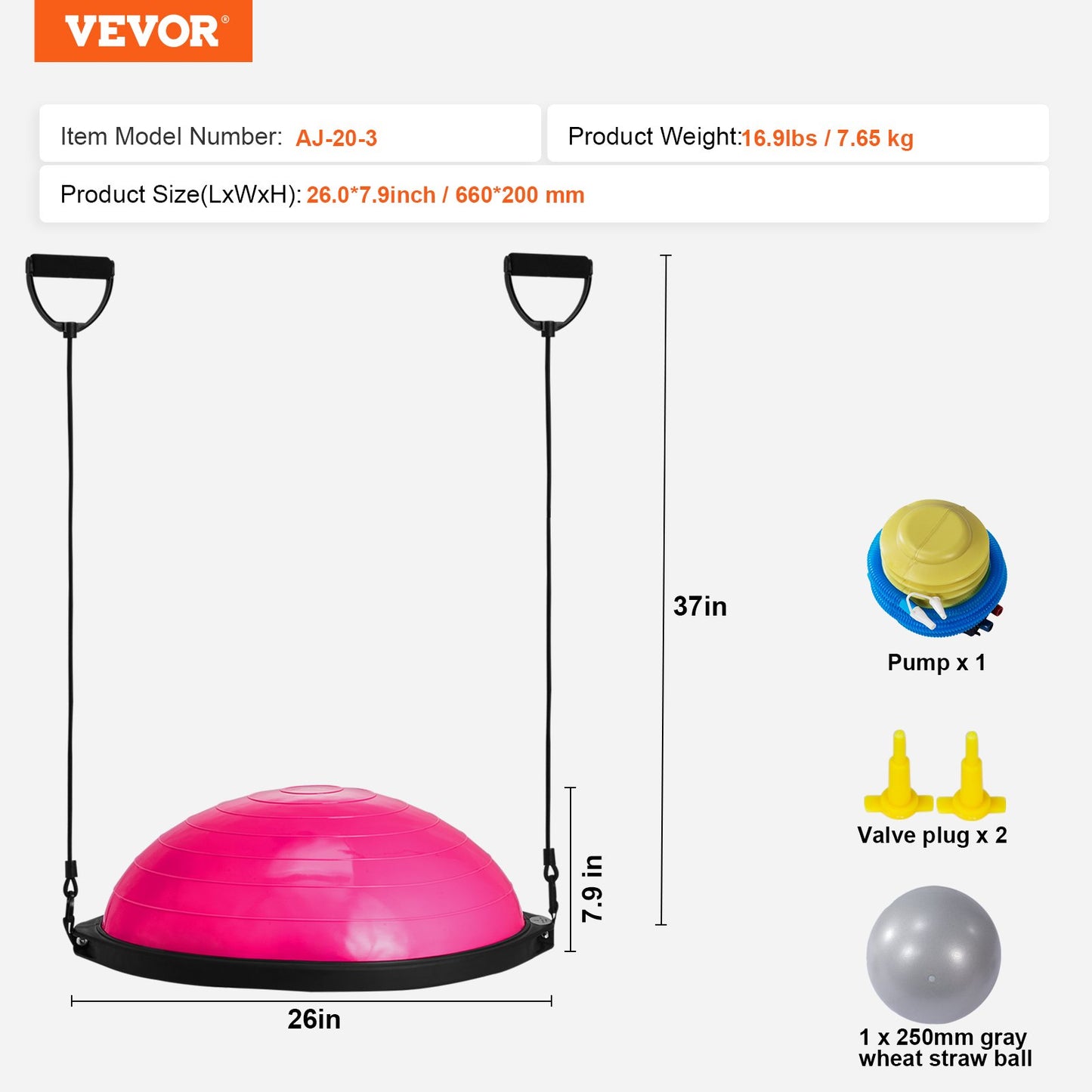 Halv träningsbolltränare, 26 tums balansbolltränare, 1500lbs kapacitet stabilitetsboll, yogaboll med motståndsband och fotpump, styrketräningsboll för hemmagym helkroppsträning, rosa