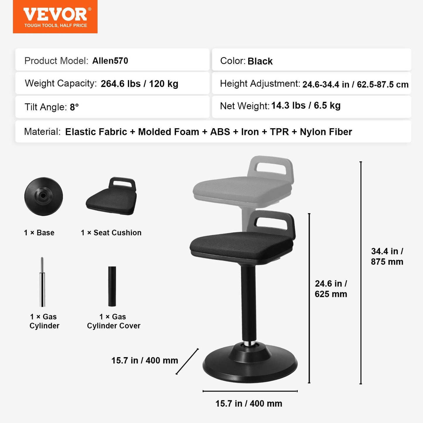 Aktiv fåtölj med handtag, höjdjusterbar (24,6-34,4"), vinglig fåtölj tillverkad av elastiskt tyg och 45 mm skum, perfekt för skolor, kontor och hem, 8° lutningsvinkel, ålder 12-18, svart