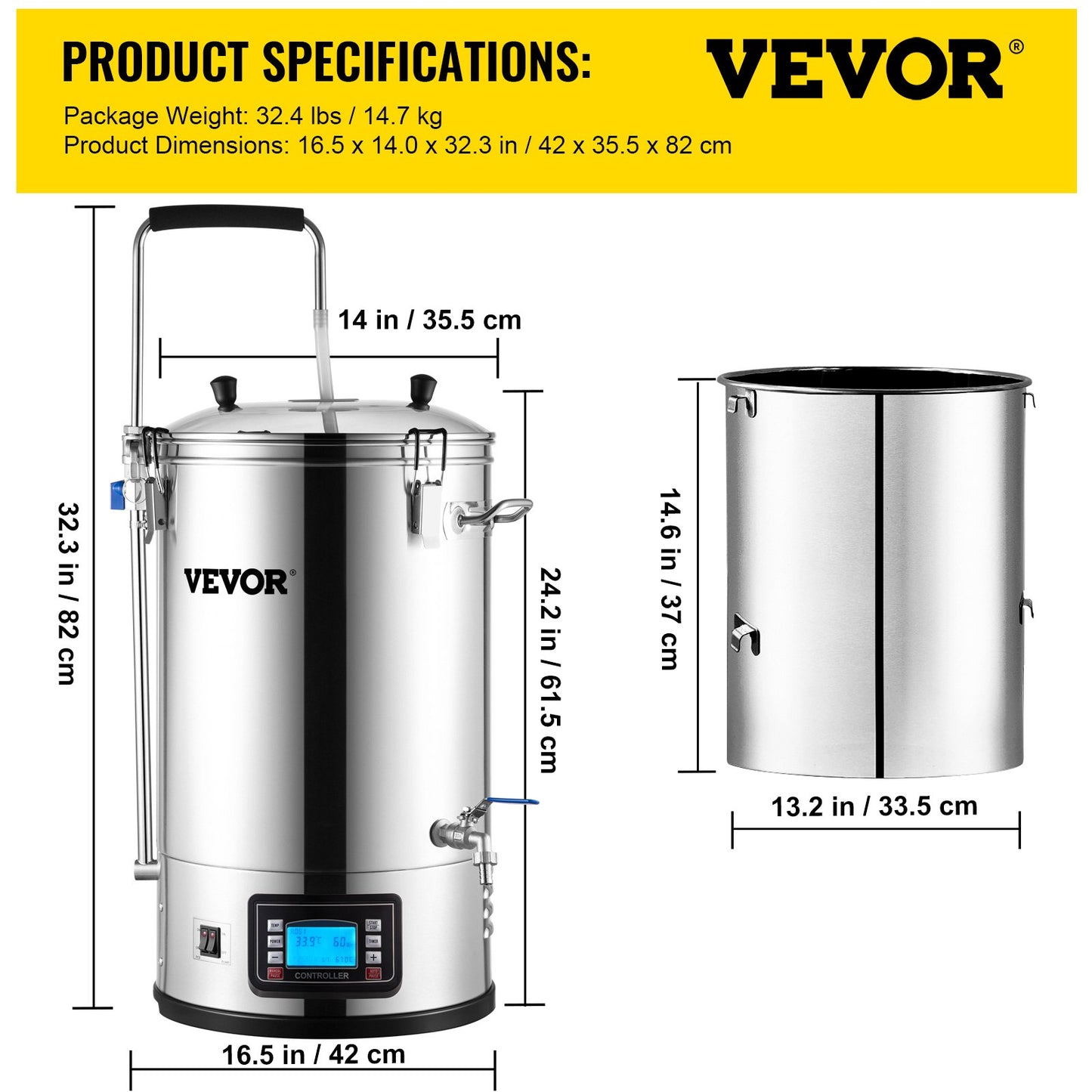 Electric Brewing System, 8 Gal/30 L, All-in-One Home Beer Brewer with Auto/Manual-Mode Panel, Mash Boil Device with 100-2500W Power 25-100℃ Temp 1-180 min Timer Circulating Pump Recipe Memory, 2