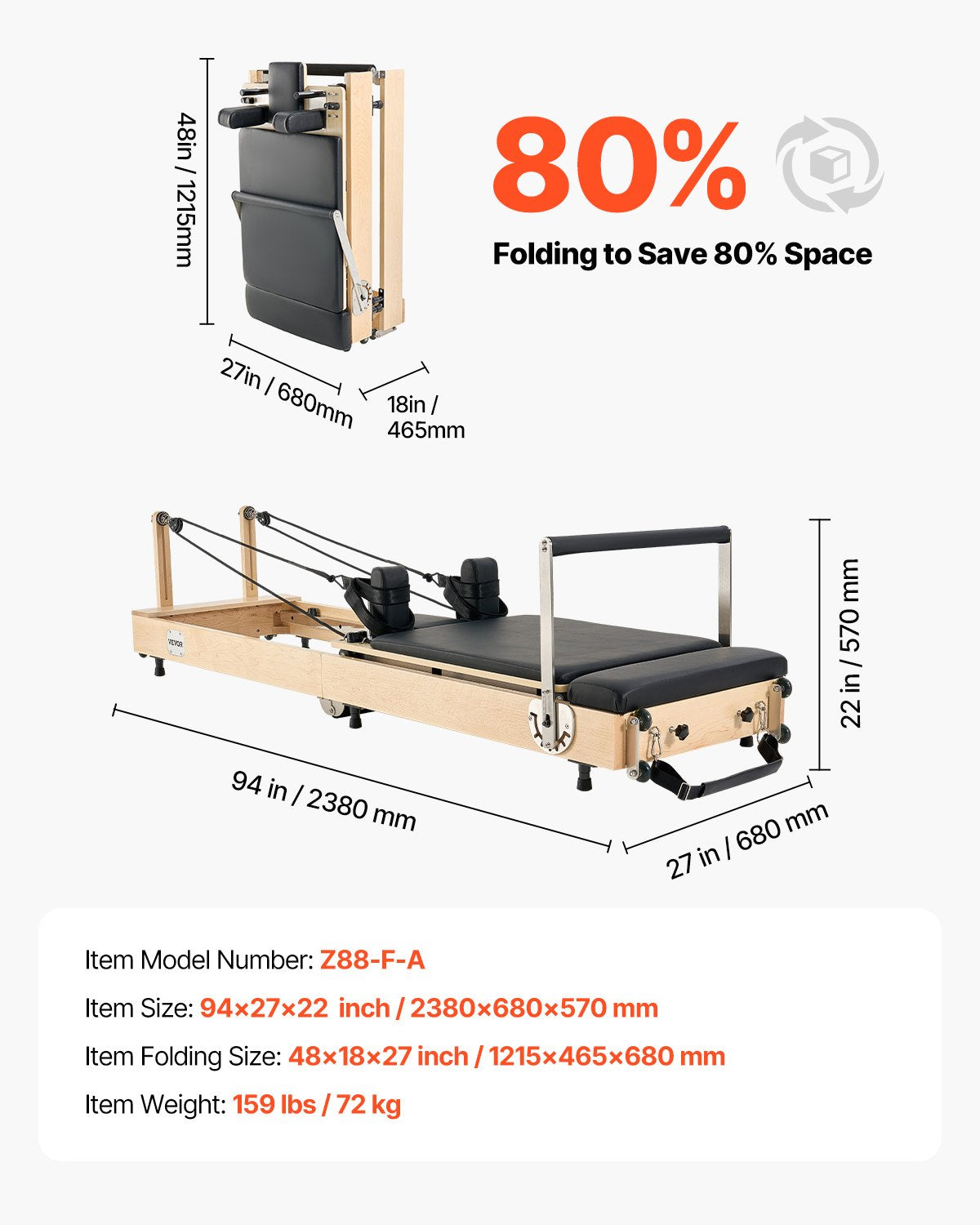 Hopfällbar Pilates Reformer, Pilates-träningsmaskin i trä för hemmagym, Pilatesbädd med dubbelt motstånd - fjäder och snöre, Reformer-set med sittlåda, upp till 180 kg
