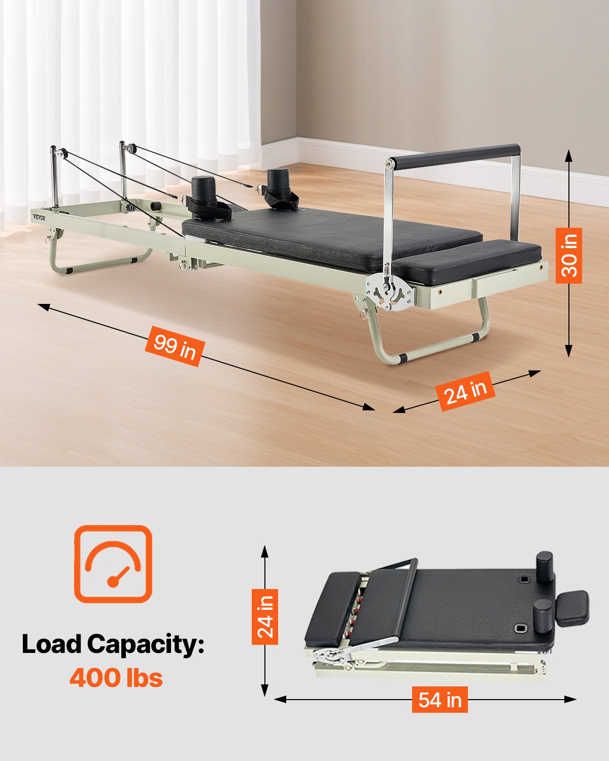 Hopfällbar Pilates Reformer, Pilates träningsmaskin för hemmagym, Pilatesbädd med dubbelt motstånd - fjäder och snöre, Reformer-set för avancerade användare och nybörjare, upp till 180 kg
