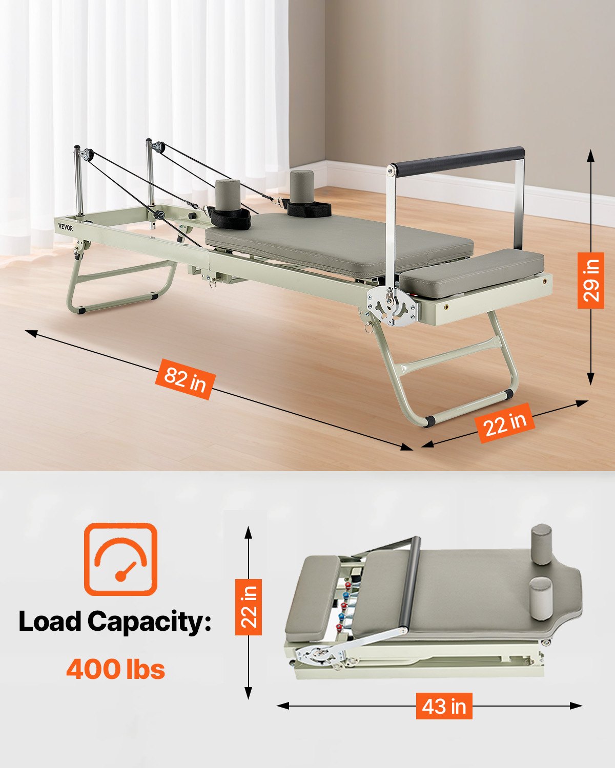 Hopfällbar Pilates Reformer, Pilates träningsmaskin för hemmagym, Pilatesbädd med dubbelt motstånd - fjäder och snöre, Reformer-set för avancerade användare och nybörjare, upp till 180 kg
