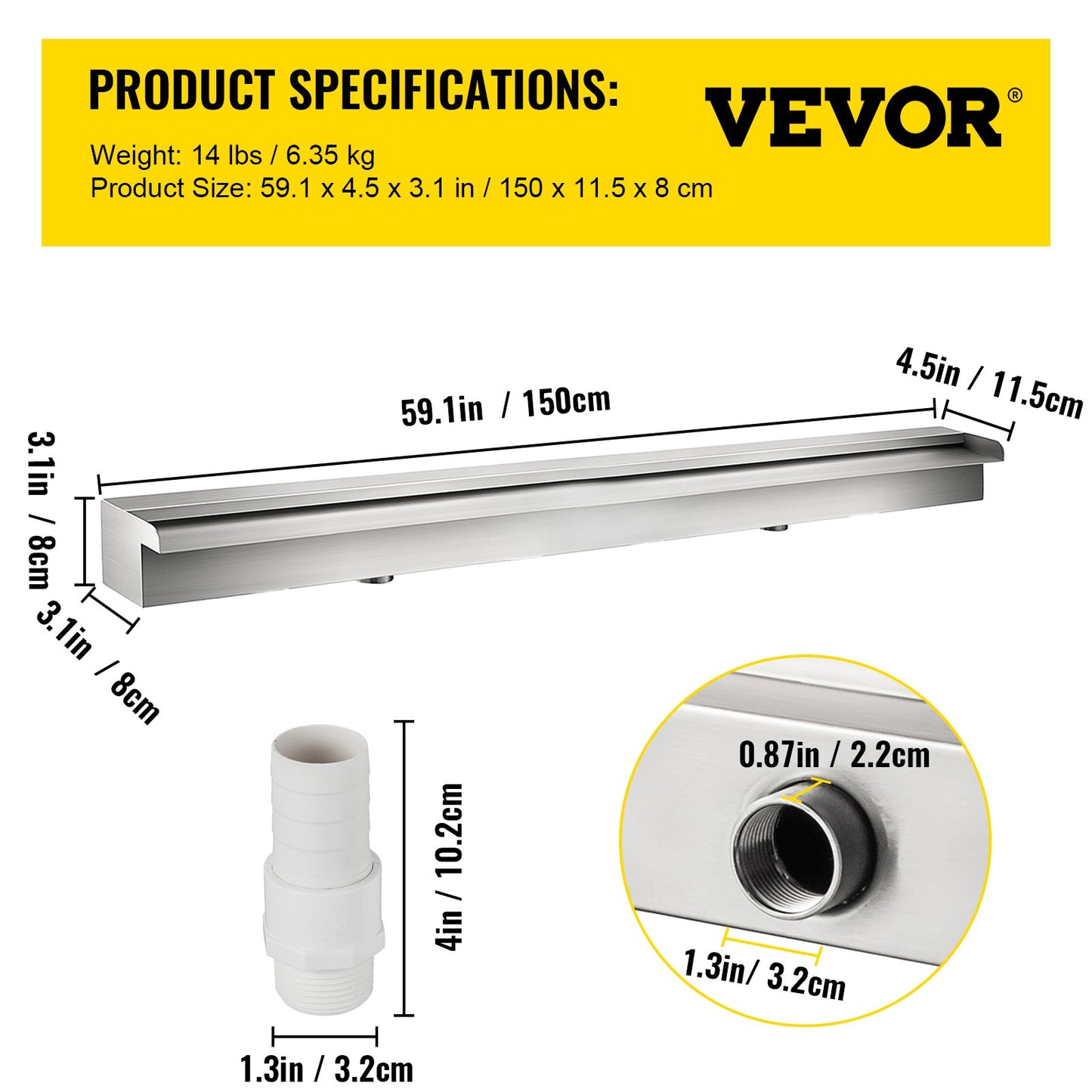 147 x 11 x 8 cm dekorativ vattenfallsfontän i rostfritt stål för trädgårdsdamm inomhus och utomhus