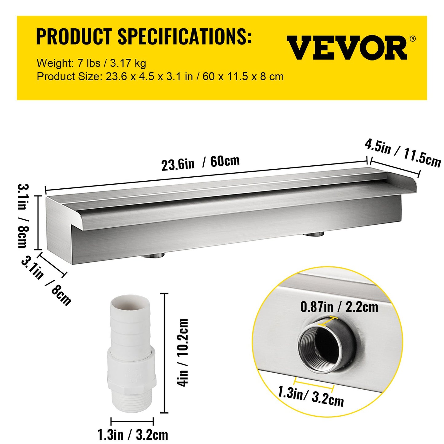 63,6 x 11,3 x 8,6 cm dekorativ vattenfallsfontän i rostfritt stål för trädgårdsdamm inomhus och utomhus