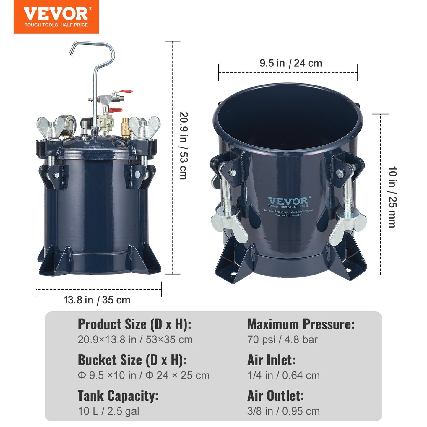 Tryckbehållare för sprayfärg, 10 l/2,5 gallon luftbehållare för färg, metallställ och läckagereparationsfog för industri, heminredning, arkitektur, konstruktion, fordonsmålning, max 70 psi