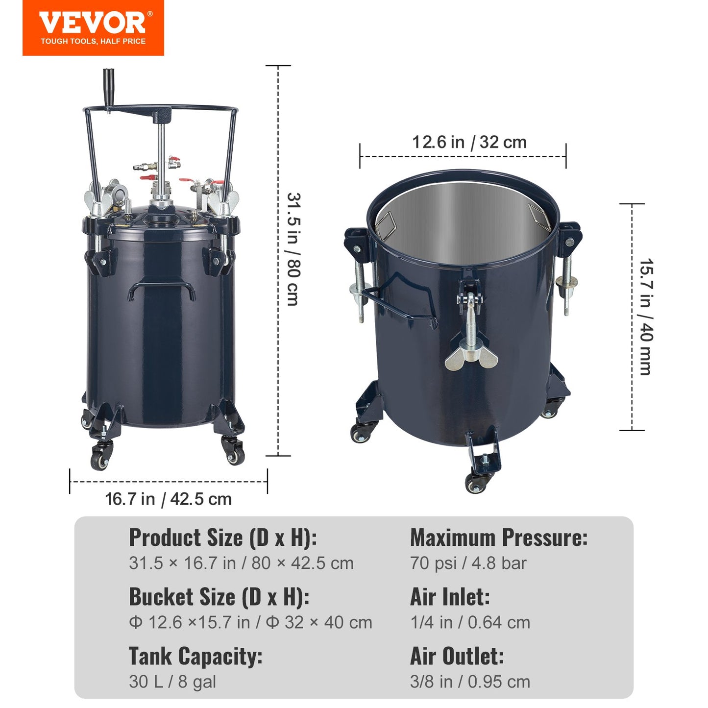 Tryckbehållare för sprayfärg, 30L/8gal luftfärgsbehållare med manuell omrörare, läckagereparationstätningsmedel för industri, heminredning, arkitektur, konstruktion, fordonsmålning, max 70PSI