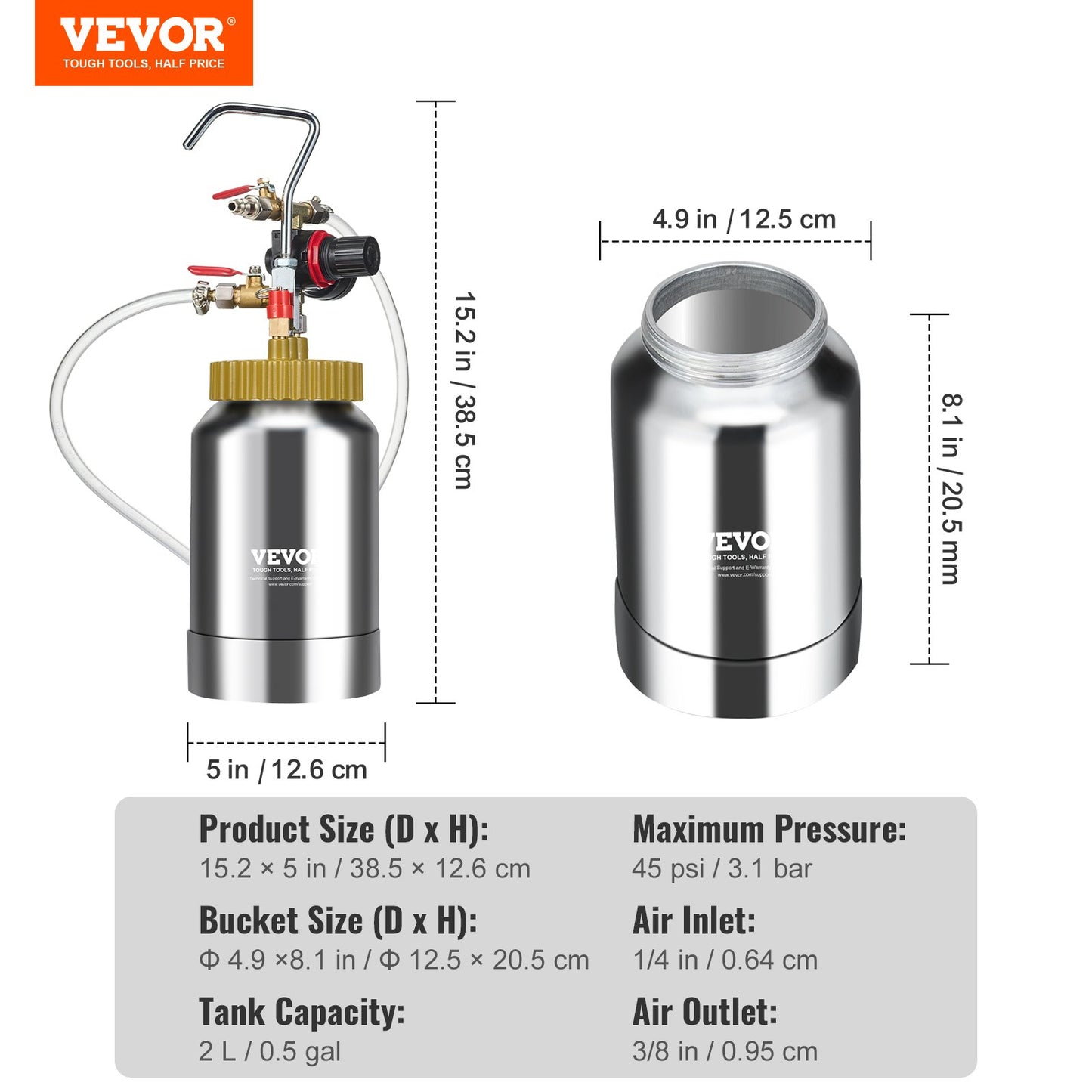 Tryckbehållare för sprayfärg, 2 l/0,5 gal lättviktsluftbehållare för färg, 1,8 mm munstycke för sprayfärg, 3 m slangar för heminredning, arkitektur, byggnation, fordonsmålning, max 45 PSI