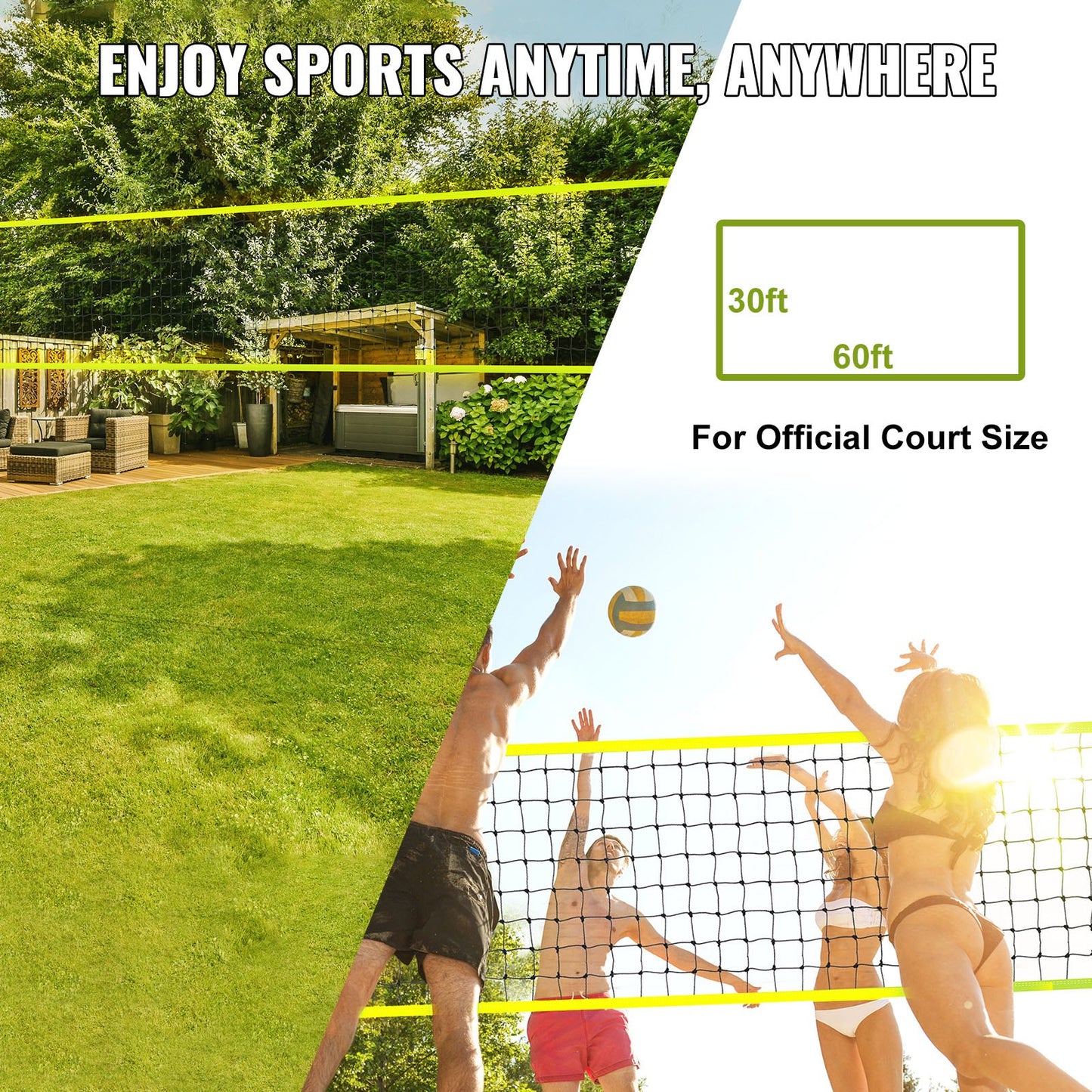 Bärbart volleybollnätssystem för utomhusbruk, justerbara stålstänger, professionellt volleybollset med PVC-volleyboll, pump, bärväska, kraftigt volleybollnät för trädgård, strand, gräsmatta