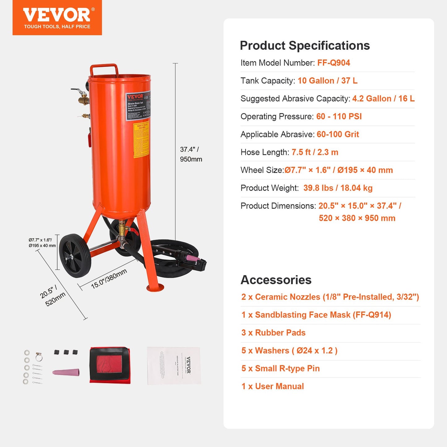 37,9 l kraftig sandbläster 60–110 psi med 2 munstycken och 228,6 cm slang