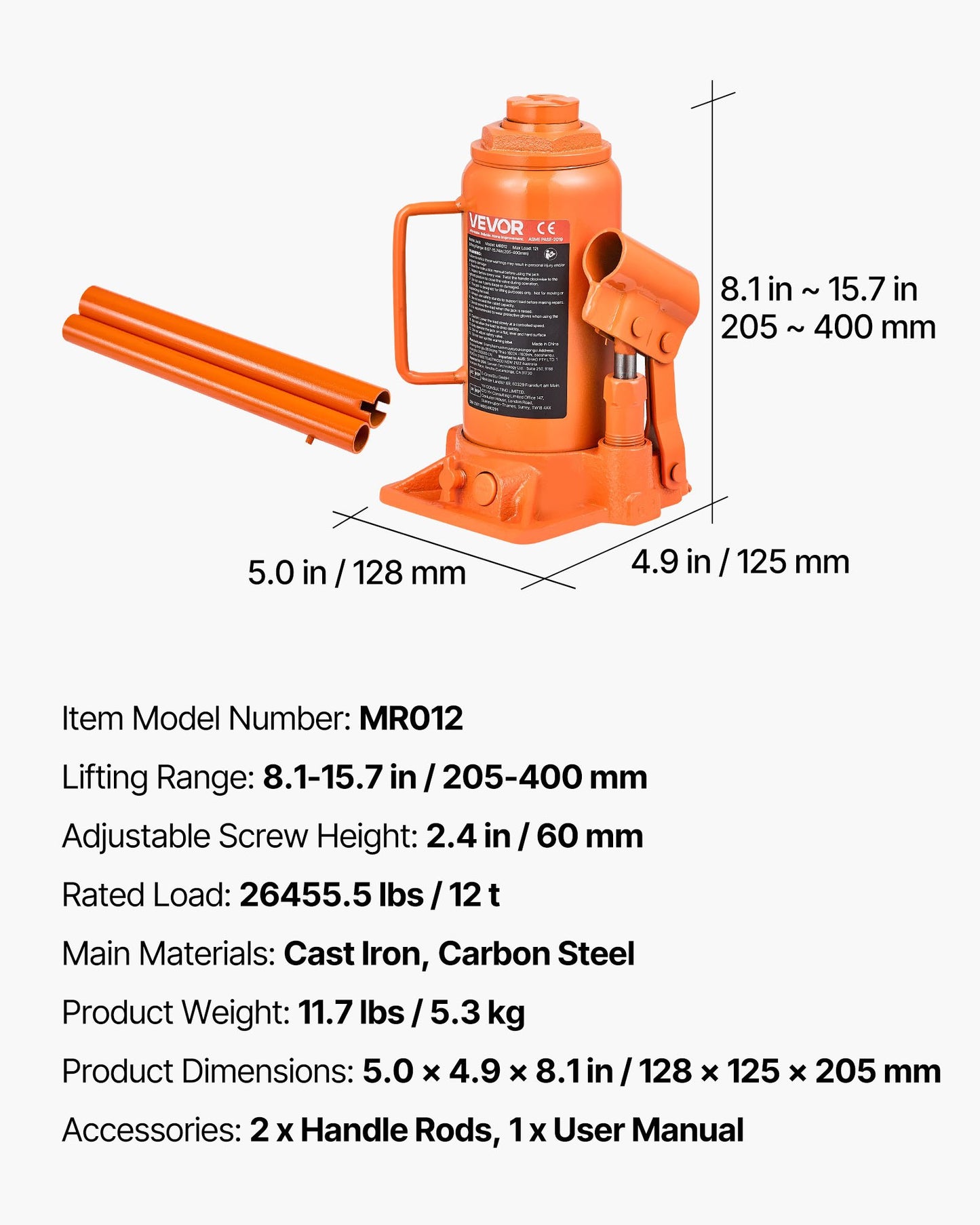 Hydraulisk flaskdomkraft, 12 ton (26455,5 lbs) kapacitet, 205-400 mm lyfträckvidd, kraftig svetsad flaskdomkraft för bil, SUV, pickup, bilreparationer, huslyft och jordbruksutrustning, orange