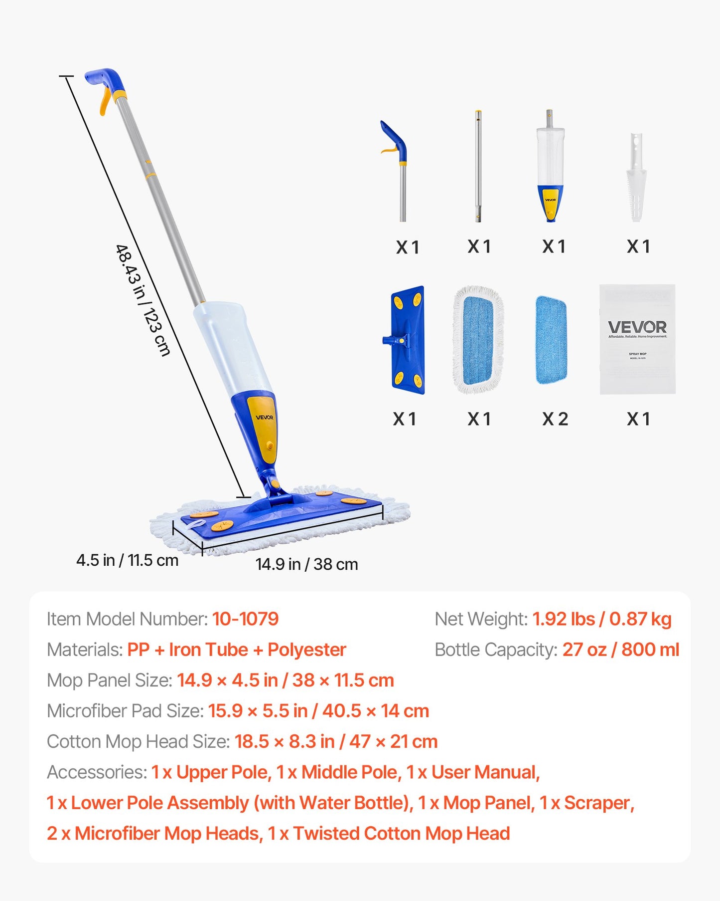 Spraymopp, med 3 tvättbara dynor för torr och våt golvrengöring och en 800 ml påfyllningsbar vattentank, våtmopp av mikrofiberdamm och torrmopp av tvinnad bomull, kommersiellt hemmabruk för kakel/vinyl/trägolv