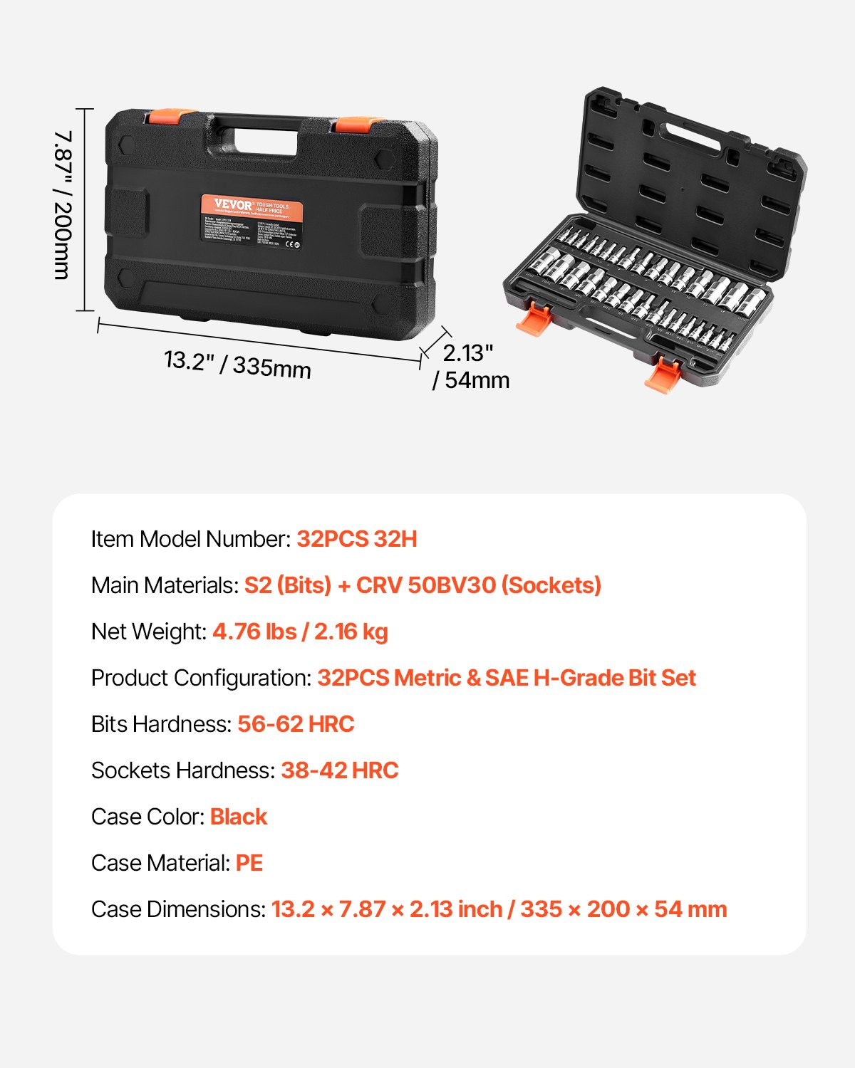 Sexkantshylsnyckelsats, 32 delar, S2-legerat stål och Cr-V-stål, standard SAE och metrisk, 1/4 tum, 3/8 tum och 1/2 tums fästen, med förbättrad förvaringsväska, insexhylsnyckelsats för mekanik, bilreparationer