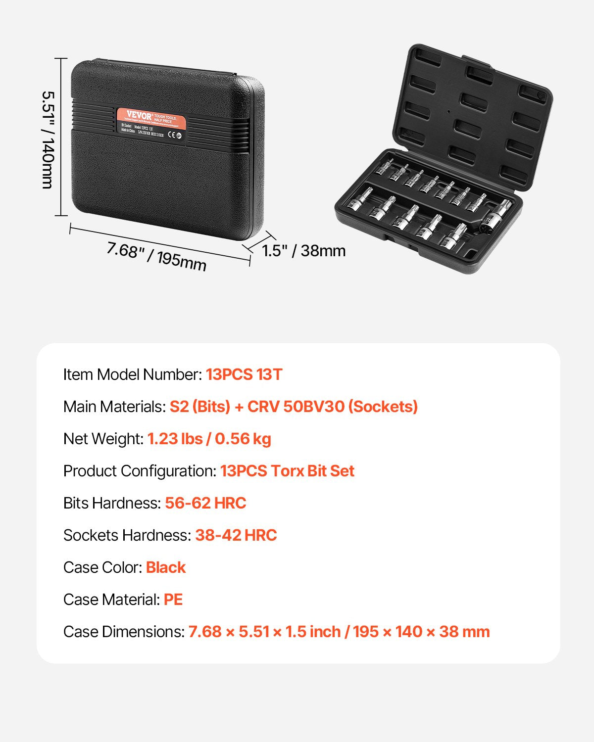 Torx-bitshylssats, 13-delars Star T8-T60-sats, S2-legerat stål och Cr-V-stål, 1/4-tums, 3/8-tums och 1/2-tums fatningar, med förbättrad förvaringsväska, Torx-hylsor för handbruk, mekanik, bilreparationer