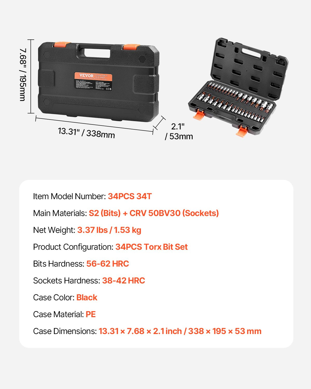 Torx-bitshylssats, 34-delars solid stjärn- och manipulationssäker T6-T70, S2-legerat stål och Cr-V-stål, 1/4-tums, 3/8-tums och 1/2-tums fatningar, med förbättrad förvaringsväska, Torx-hylsor för handbruk