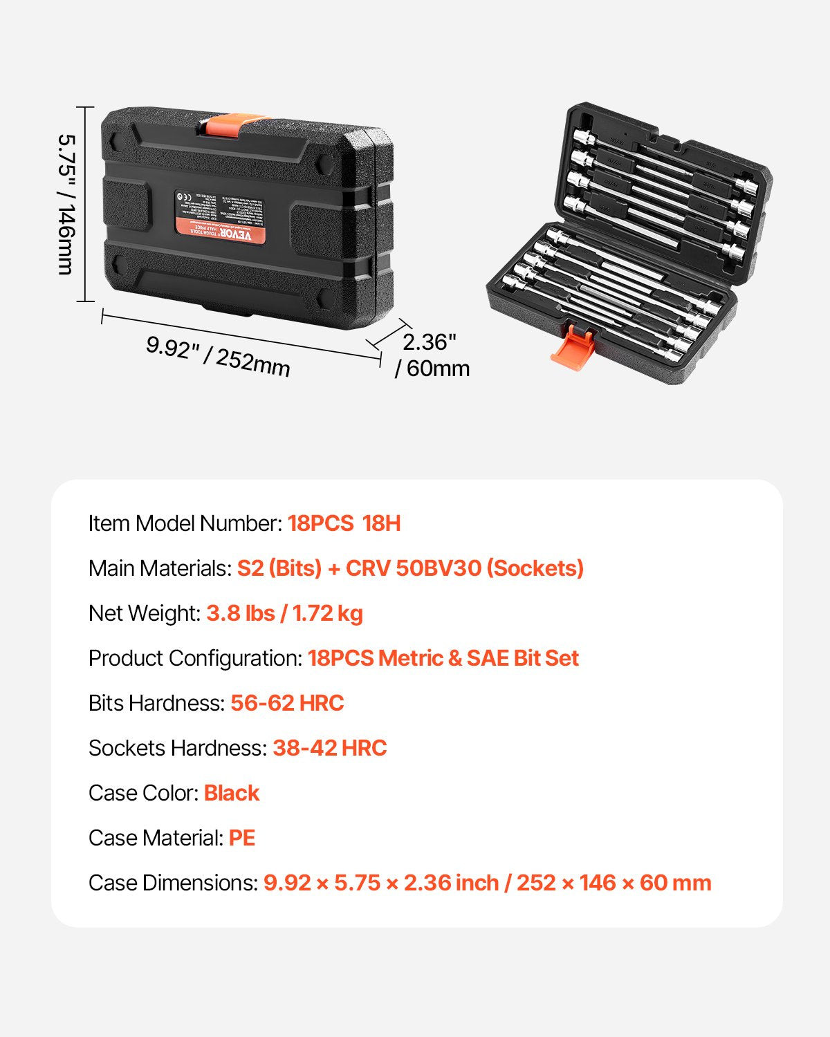 Extra lång insexhylsnyckelsats med insexkant, 18 delar, 3/8 tums fattning, S2-legerat stål och Cr-V-stål, standard SAE och metrisk 1/8-tum-3/8-tum, 3-12 mm, med förbättrad förvaringsväska, för mekaniker