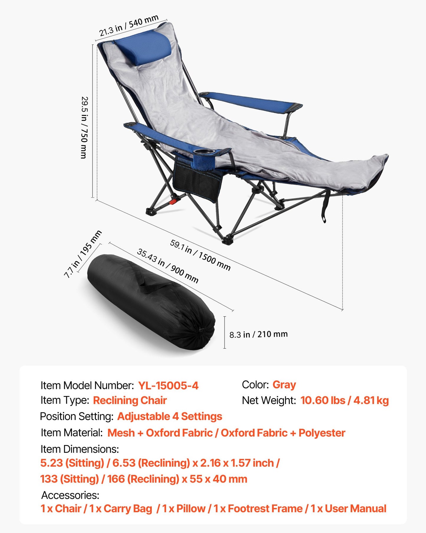 Fällbar campingstol, 4 justerbara positioner, bärbar hopfällbar solstol för vuxna, nätstrandstol med fotstöd och plyschdyna, stöder 220 lbs, kraftiga campingstolar för uteplats, blå