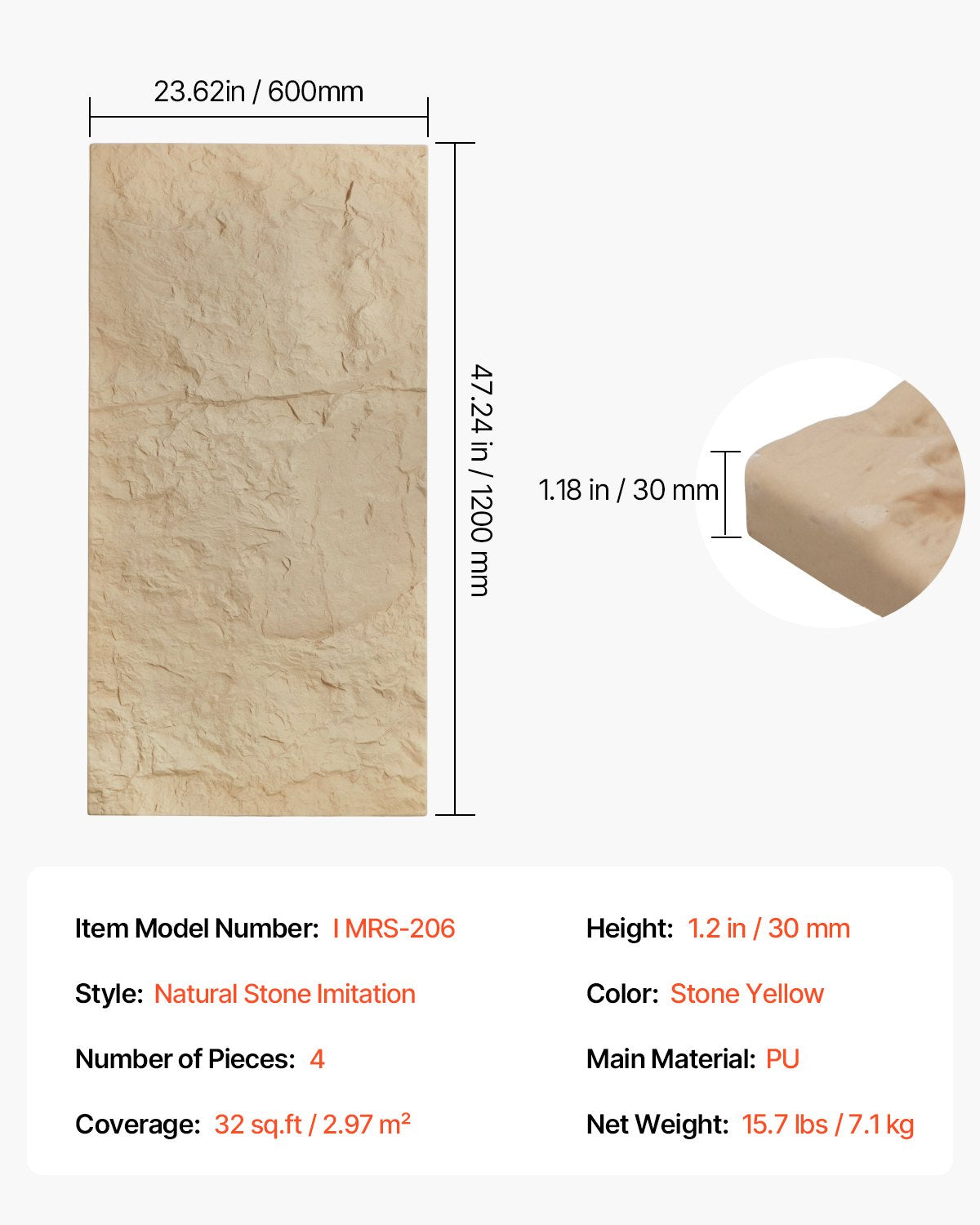 3D-väggpaneler, 4-pack 48 x 24 tum PU-plattor i naturstenimitation, 32 kvm täckande accentväggpanel, heminredning för tak, sovrum, vardagsrum och spelrum, stengul