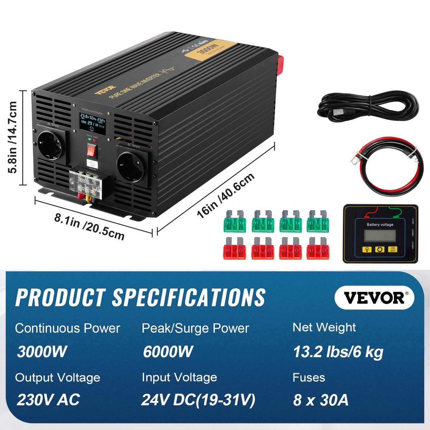 Ren sinusvågsväxelriktare, 3000 watt, DC 24V till AC 230V strömförsörjningsväxelriktare för bil, med USB-port, LCD-skärm, fjärrkontroll och EU-uttag, för husbil, lastbil, bil, solcellssystem, resor, camping