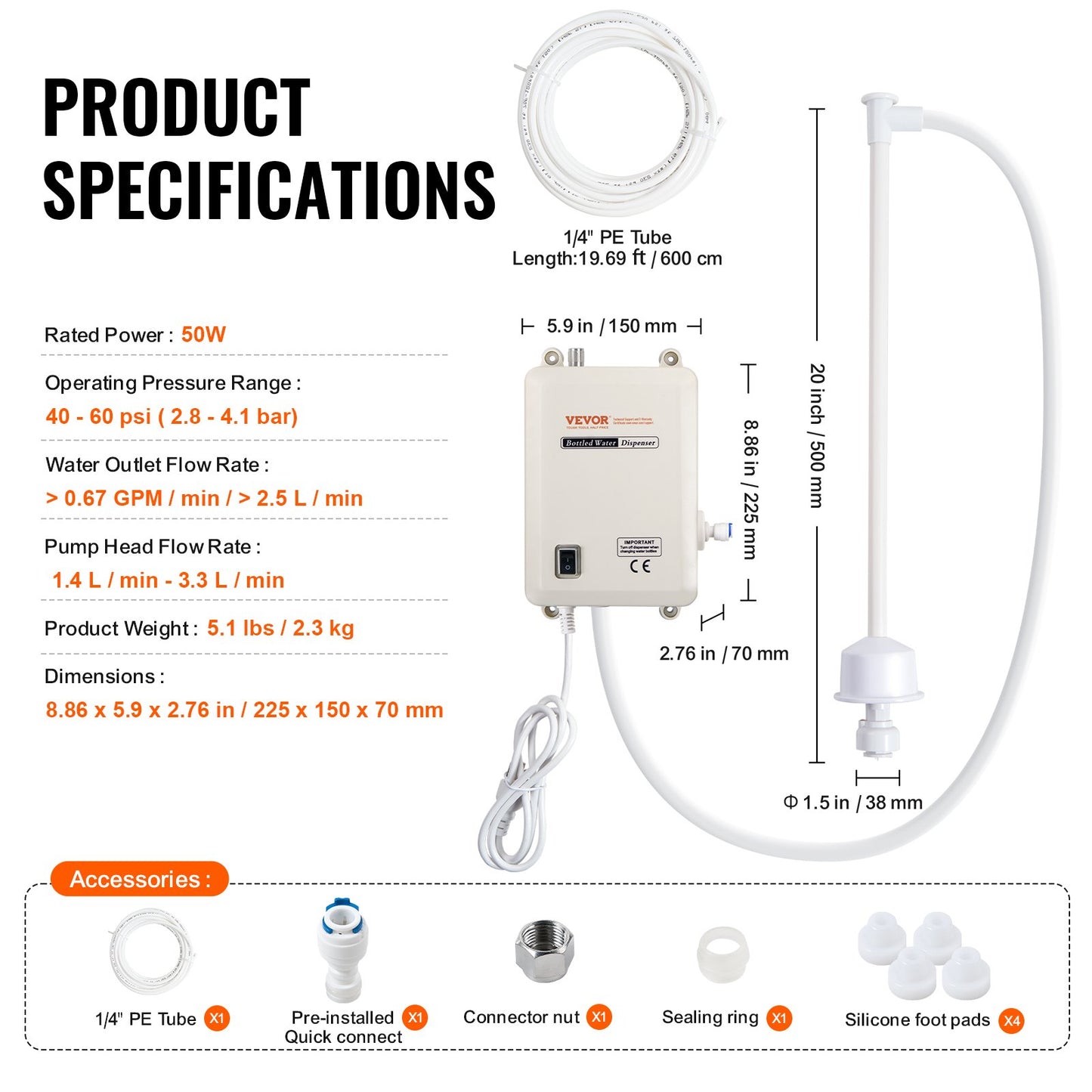 Pumpsystem för flaskvatten, 18,9 liters doseringssystem, automatisk elektrisk vattendispenser, vattenkanna med ett inlopp, kompatibel med kaffe-/temaskin, kylskåp, ismaskin