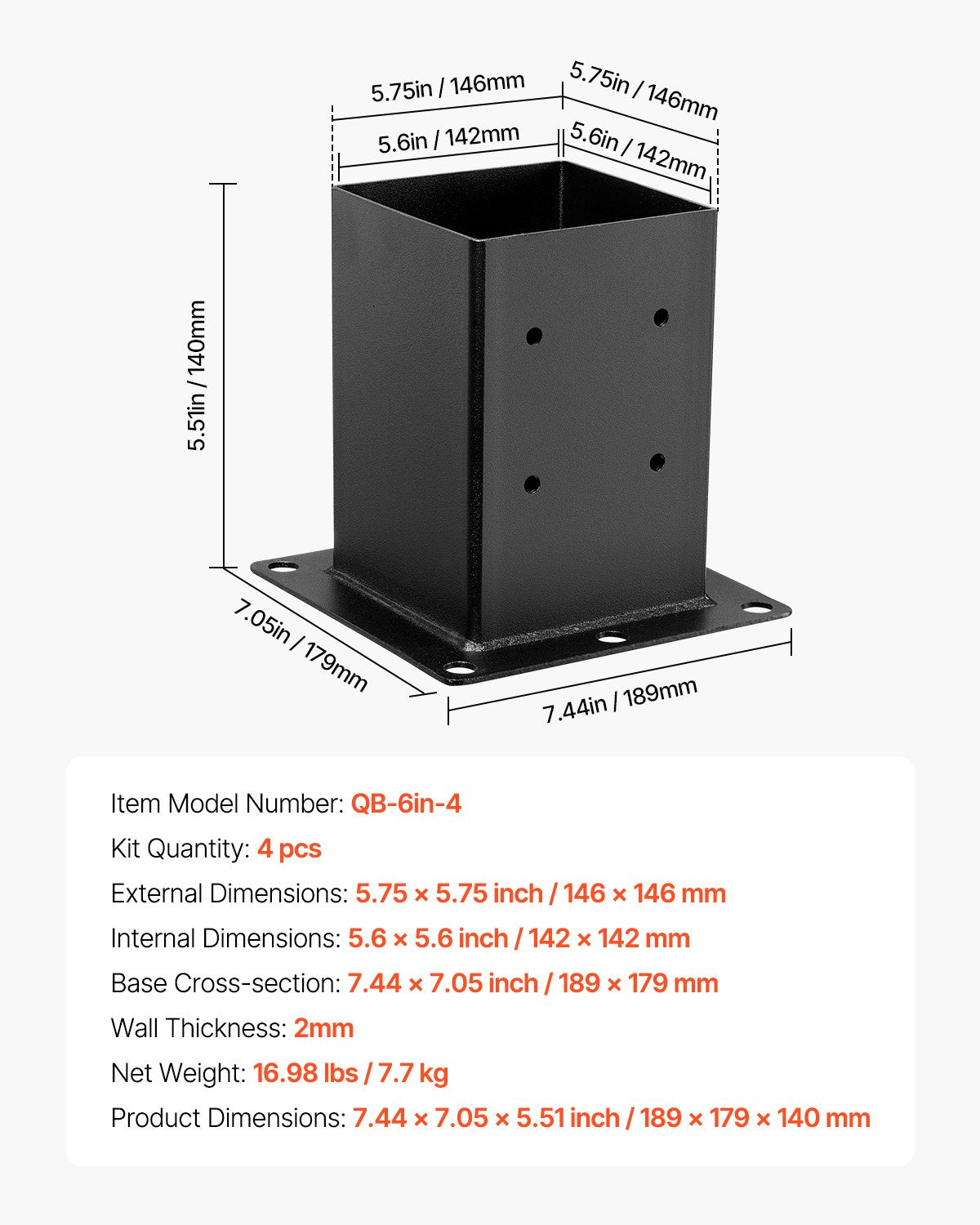 6x6 stolpbas 4 st, innerstorlek 5,6x5,6 tum / 142x142 mm stolpfästen, kraftiga däckstolpar i kolstål, trästolpfästen för paviljongdäck, stöddäck, bottenplatta, svart
