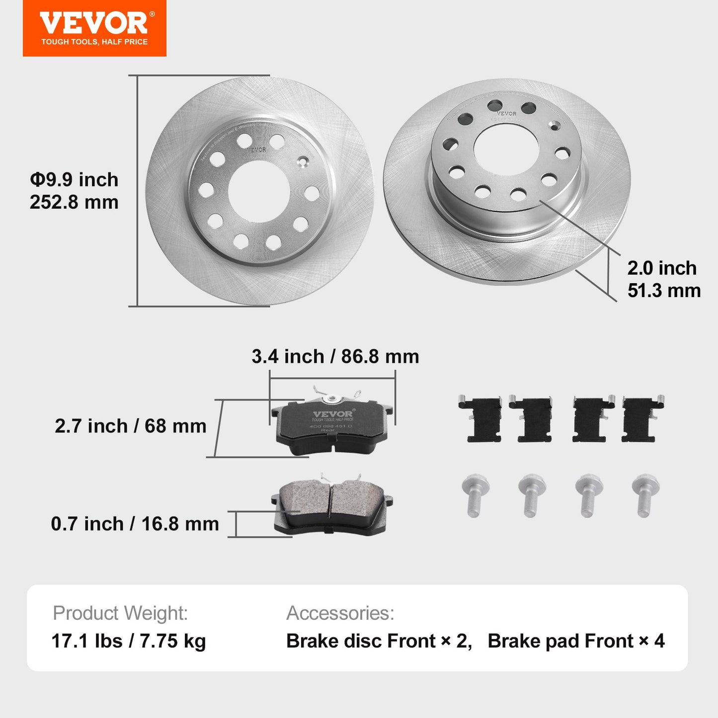 Bakre bromsskiva kompatibel med Audi A3 (8P), VW Golf 5 6, Seat LEON, SKODA OCTAVIA, ALTEA, bromsskivor, utbytessats för keramiska bromsbelägg, 253 mm bakre bromsskivor