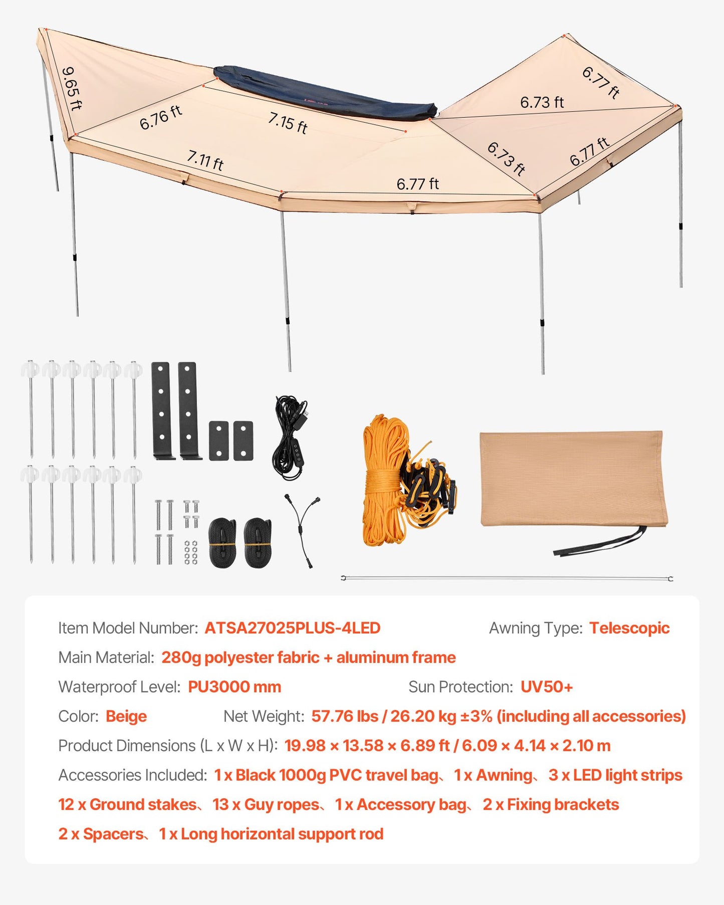 270 Degree Awning with Bulit-in LED Lights, 12.4 ㎡ Driver Side Vehicle Awning, Waterproof UV50+ Car Side Awnings, All-Weather Free-Standing Overland Awnings Car Shelter for SUV Truck Camping