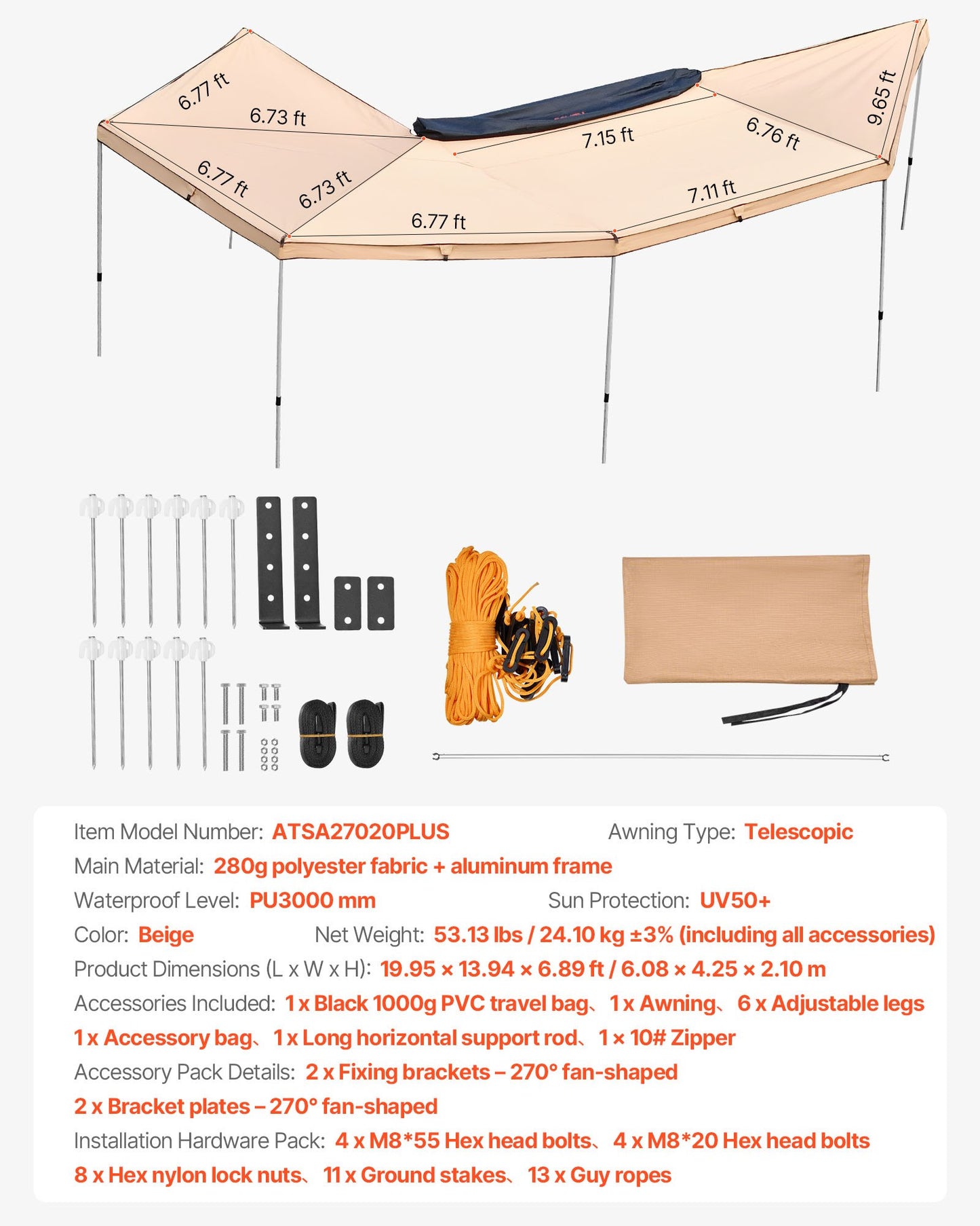 270 Degree Awning, 12.4 ㎡ Driver Side Vehicle Awning, Waterproof UV50+ Car Side Awnings with Carry Bag, All-Weather Free-Standing Overland Awnings Car Shelter for SUV Van Truck Camping