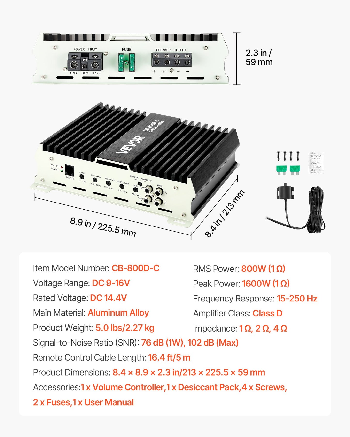 Monoblock Car Amplifier, 800W RMS MAX, 1/2/4 Ohm Stable, 1-Channel Class D Car Audio Amplifier with Remote Subwoofer Level Control, Low Pass Filter, Bass Boost & Phase Shift, Volume Controller