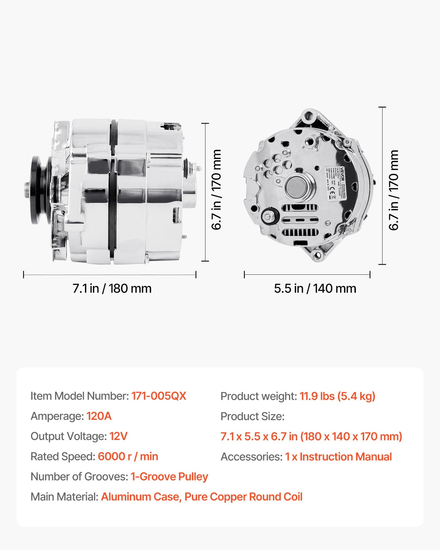 Car Alternator 7127-SE105C, Fit for 1 Wire Self Exciting Street Rod GM 305 350 BBC SBC, 1973-1974 Apollo 4.1L, 1982 Century 2.5L, Automotive Replacement Alternator 1-2400-11DR-2, 7127-SECN-100A