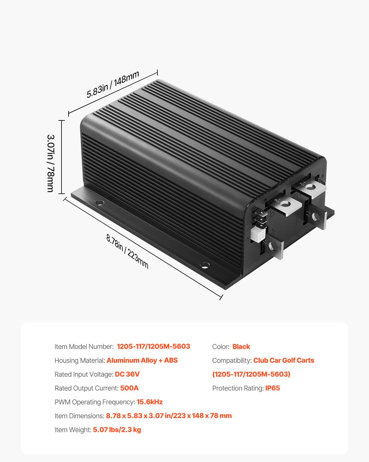 Golfbilshastighetsregulator, 36V och 500A, DC-motorstyrningsersättning för Club Car-golfbilar, IP65-klassat skydd, aluminiumlegering och ABS-hölje, kompatibel med 1205-117/1205M-5603-modellerna