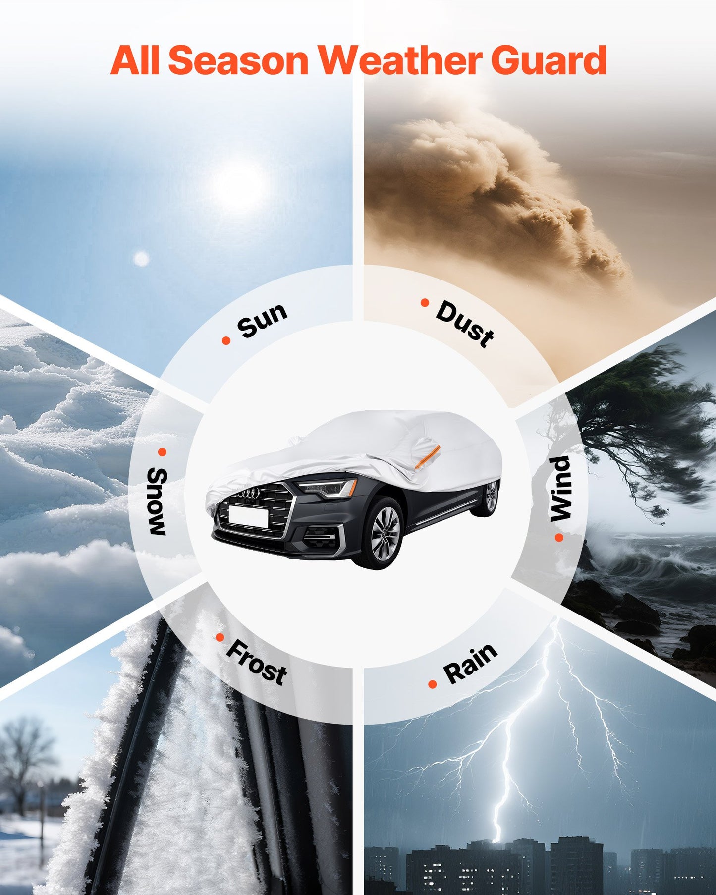 Bilskydd, Vattentätt bilskydd för europeiska sedanmodeller i full storlek, Skräddarsytt allvädersskydd för sol, regn, vind, damm, snö, komplett utvändigt skydd med dragkedja i dörren och bomullsfoder, Silver