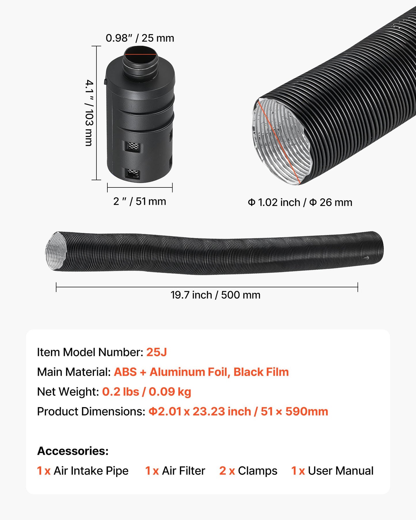 Dieselvärmare insugningsrörsats, 25 mm billuftsugningsrör för parkeringsvärmare, slangrör för töjbar och böjbar billuftinsugningsfilter, ljuddämpare, slangrörsats med klämmor för 2KW, 5KW, 8KW dieselvärmare