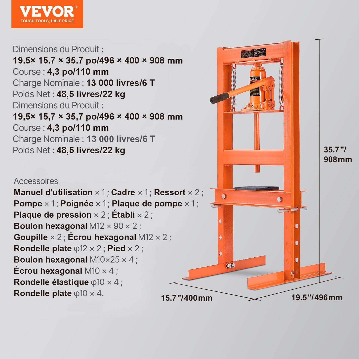 Hydraulisk verkstadspress 6 ton med pressplattor H-ram bänkpressstativ