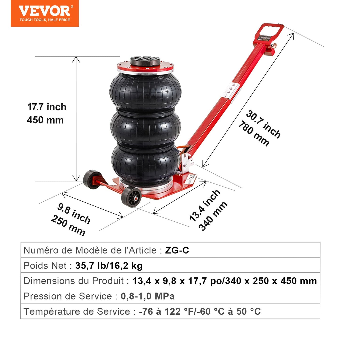 Luftdomkraft, 3 ton/3000 kg trippelkuddsdomkraft, krockkuddedomkraft med sex stålrör, lyft upp till 44,9 cm, 3-5 s snabblyftande pneumatisk domkraft, med justerbart långt handtag för bilar, garage, reparation (röd)