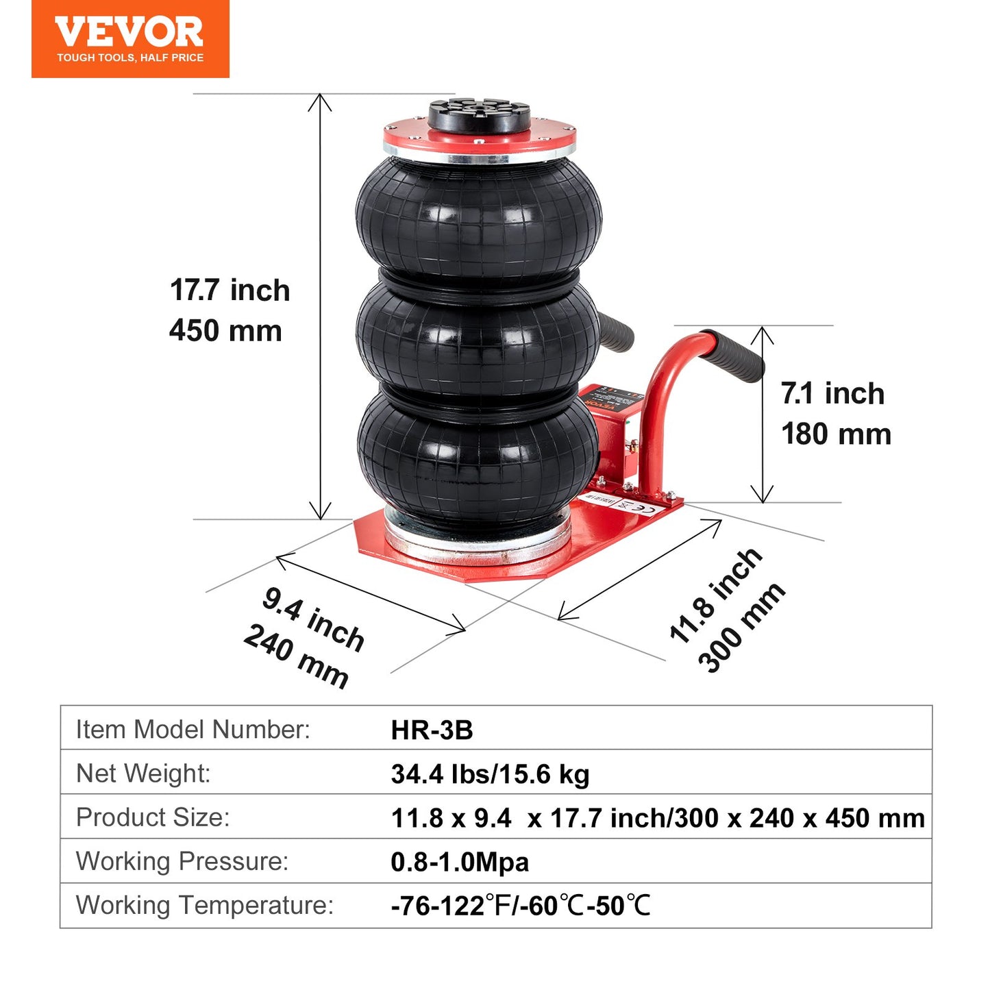 Trippelpås-luftdomkraft 3 ton/6600 lbs pneumatisk domkraft för lyft av bil SUV