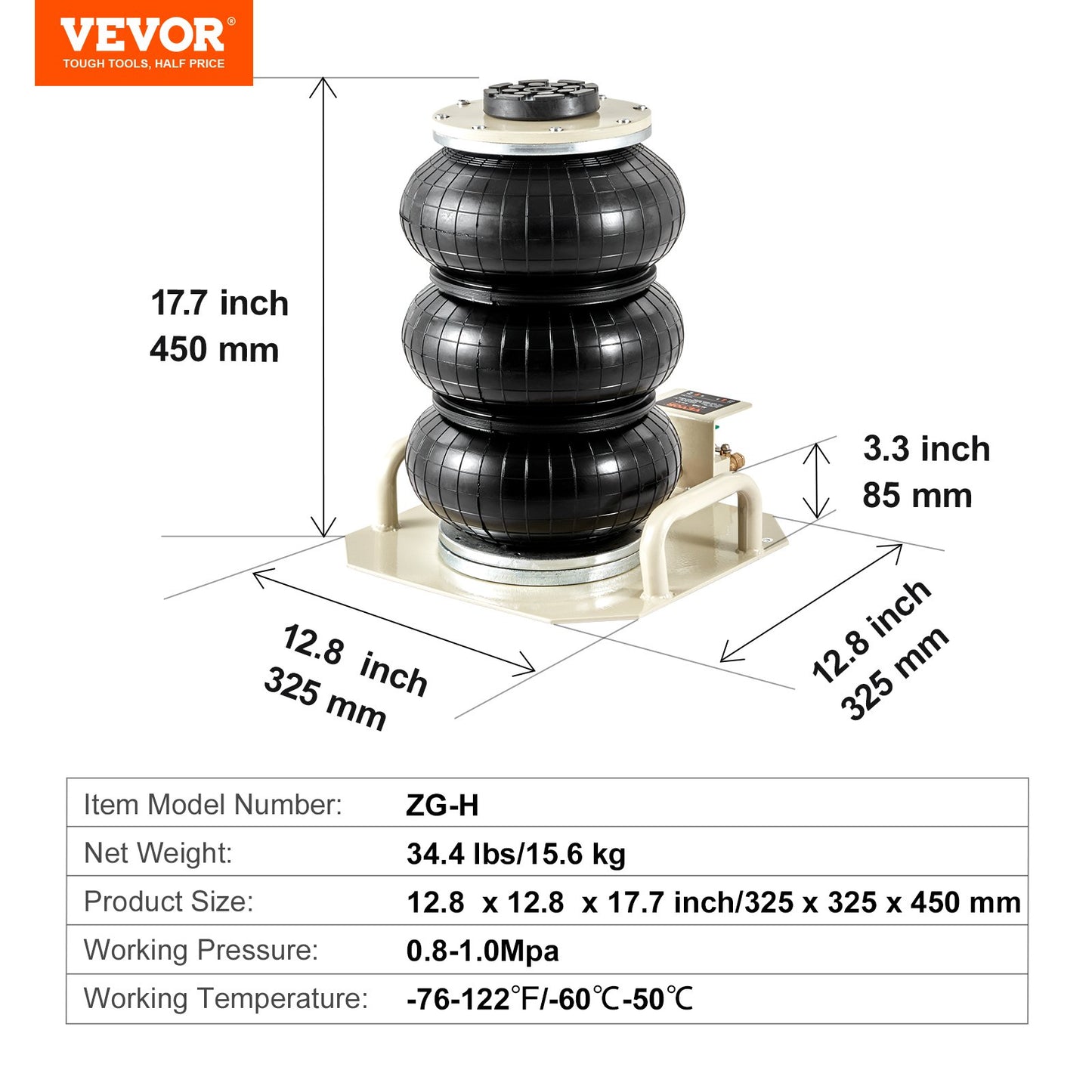 Luftdomkraft, 3 ton/6600 lbs trippelkuddsluftdomkraft, airbagdomkraft lyft upp till 450 mm, 3-5S snabblyftande pneumatisk domkraft, med sidohandtag för bilar, garage, reparation (vit)