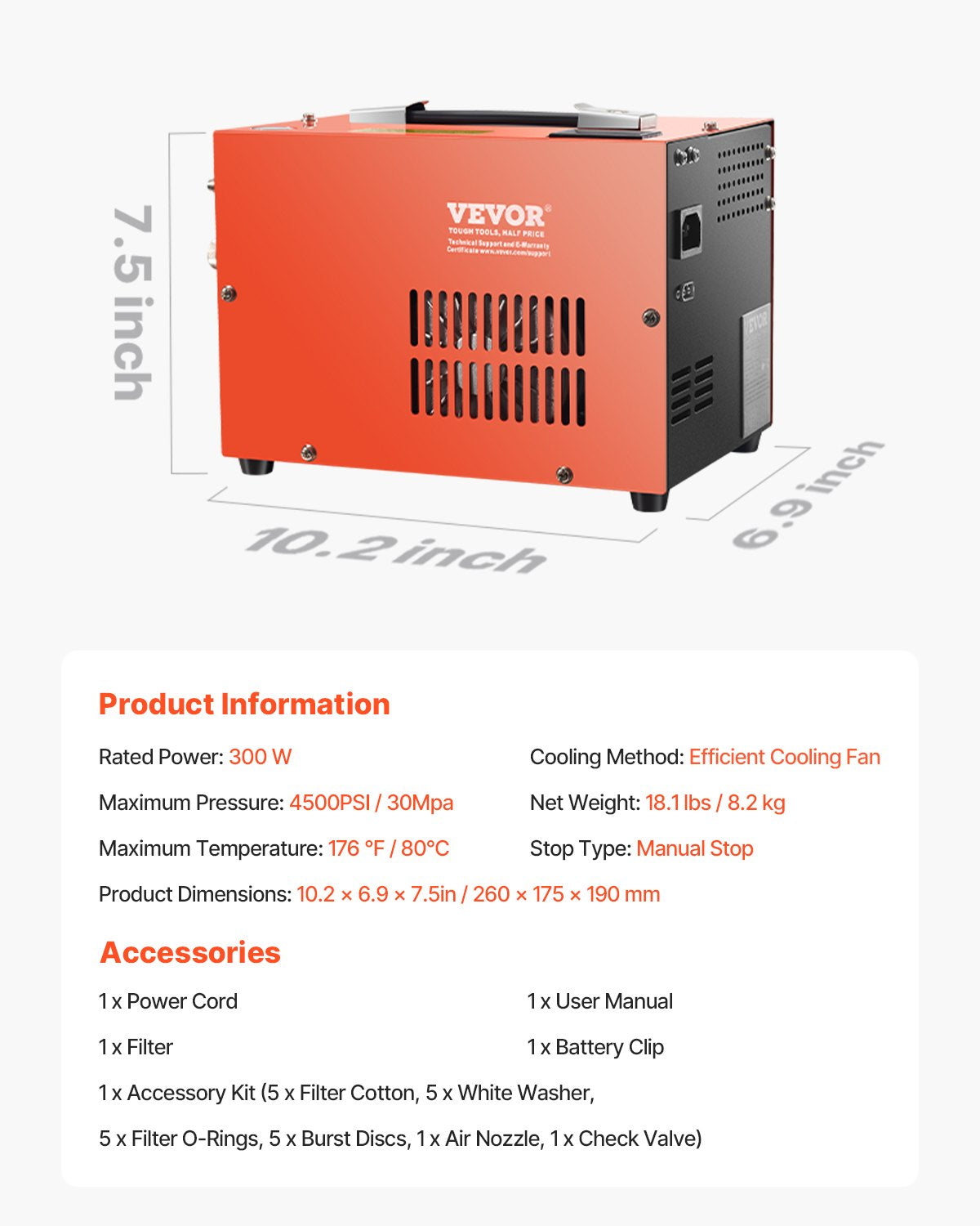PCP-luftkompressor, 4500PSI/30Mpa bärbar PCP-luftgevärskompressor med inbyggd omvandlare och fläktkylsystem, DC12V/AC230V manuellt stoppluftgevärs-, paintball- och dykflaskkompressorpump
