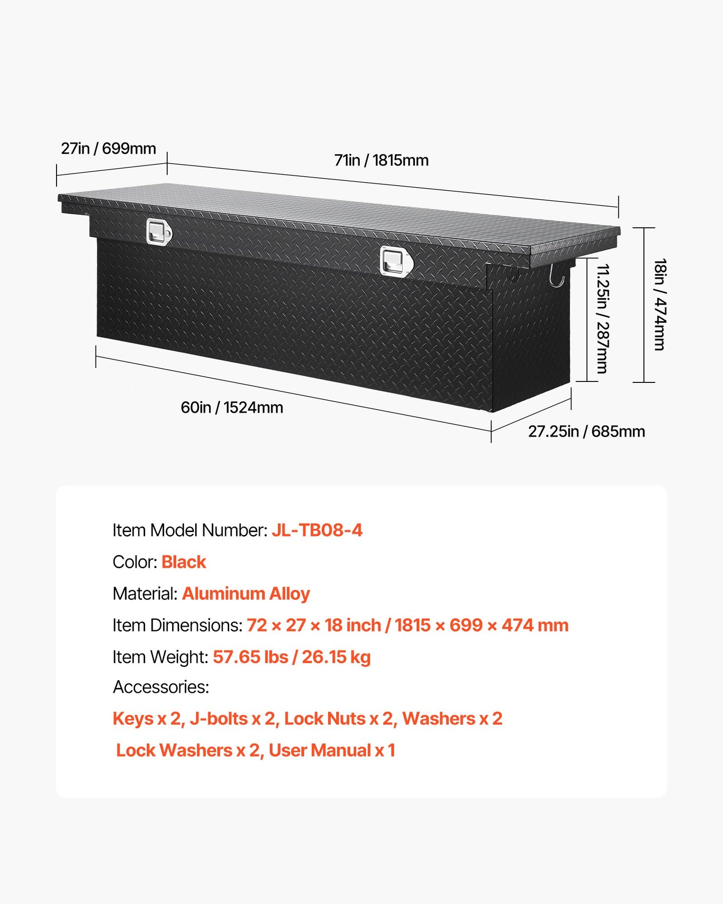 Verktygslåda för Crossover Truck, 71x27x18 tum, Kraftig verktygslåda i aluminium med diamantstruktur, Verktygslåda för pickup-flak, husbilssläpvagn, Vattentät förvaringsorganisatör med lås, nycklar, sidohandtag, svart