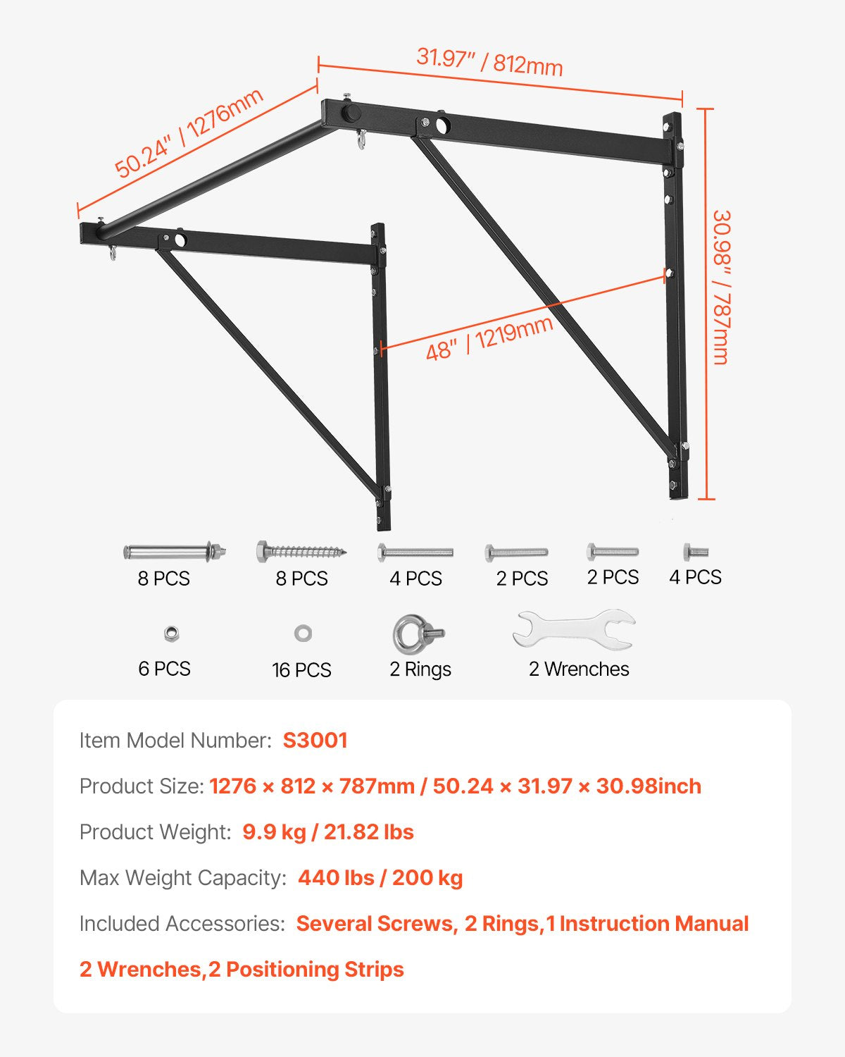 Pull-up-stång, 50 tum breda väggmonterade pull-ups, justerbart djup 22" eller 30" från väggen, kraftiga stålstänger för överkroppsträning, 440 lbs viktkapacitet Chin-up-träningsstation, för hemmagym