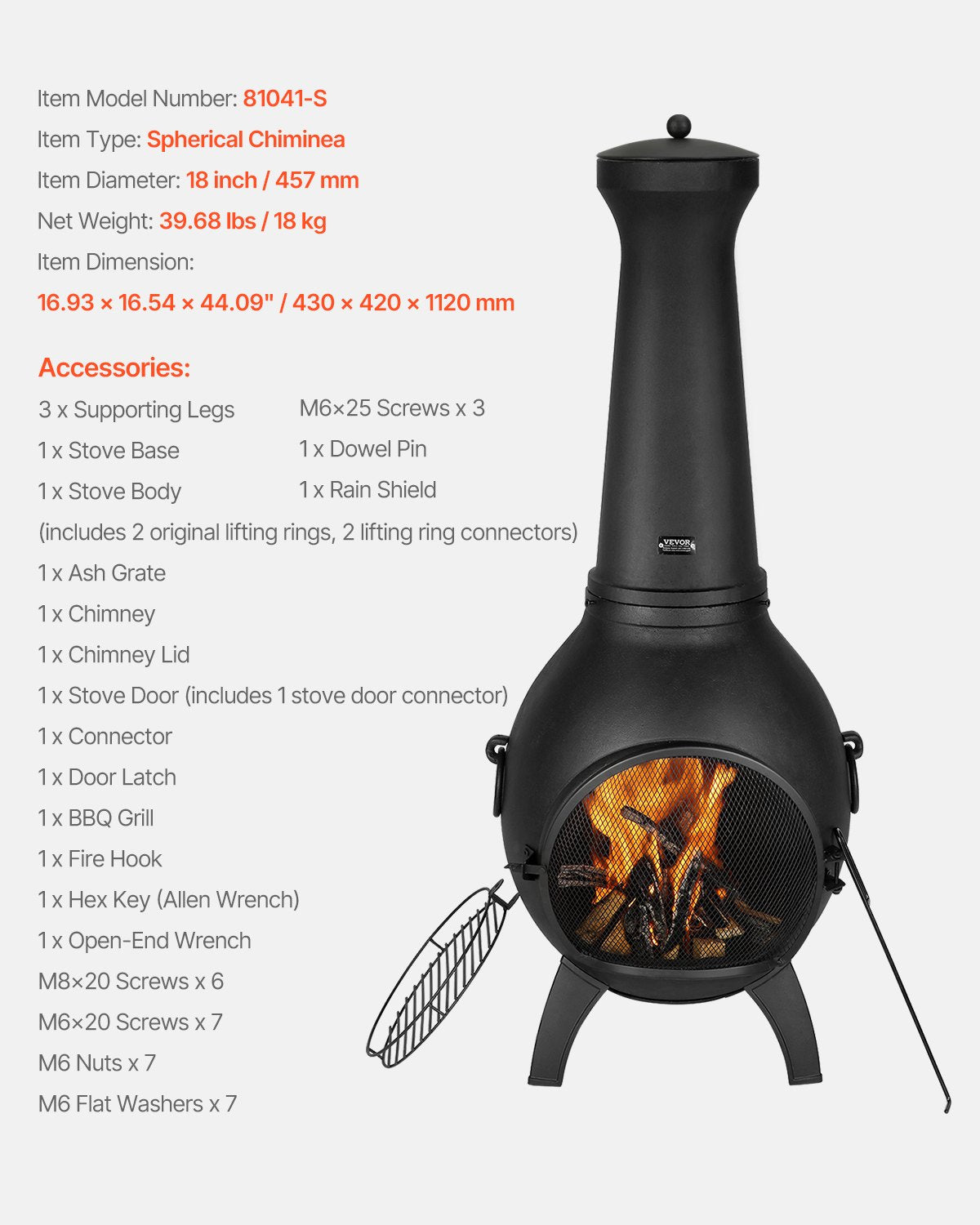 Chiminea, 40 cm vedeldad eldstad för utomhusbruk, sfärisk öppen spis för grillning och uppvärmning, eldstad i trä med grillnät, skorstensbeläggning och rostfritt skorstenslock, för uteplats, trädgård, bakgård